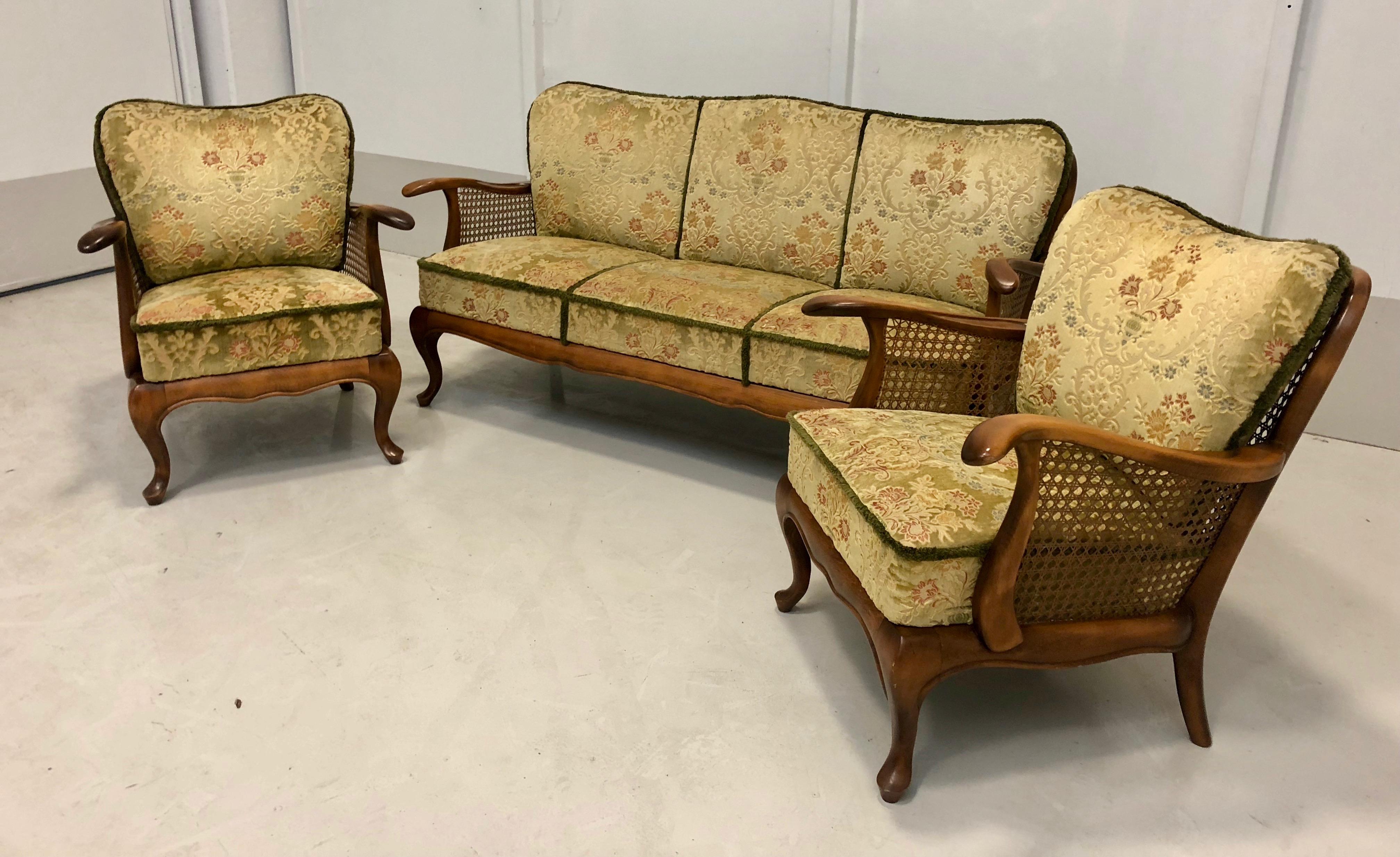 Set Of Three Living Room Velour Caned Sofa Couch and Two Armchairs, Italy  8