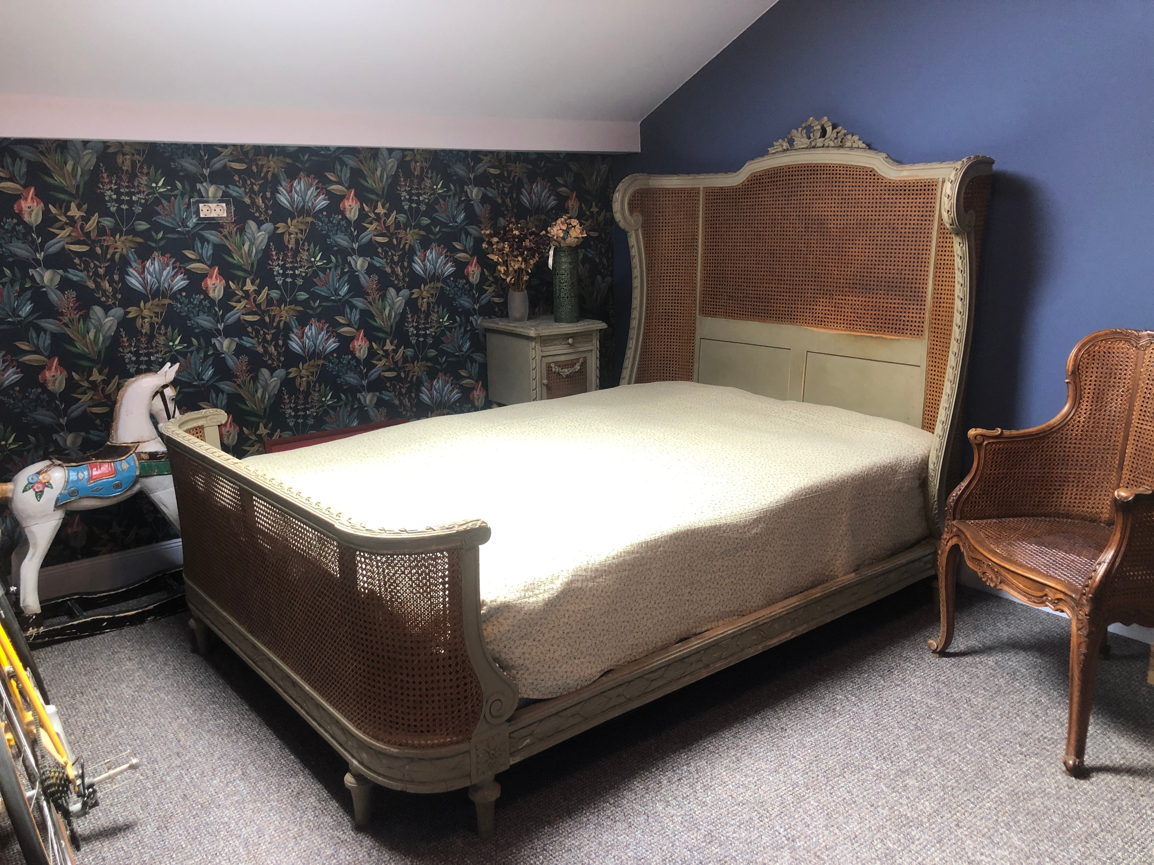 19th Century Hand Carved and Hand Painted Queen Size Bed Frame Louis XVI Style