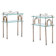 Italian Mid-Century Modern Pair of Brass and Glass Bedside Tables