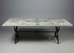 Large Italian Pietra Dura Floral Inlaid Marble Dining Table Wrought Iron Base