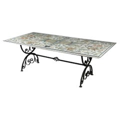 Large Italian Pietra Dura Floral Inlaid Marble Dining Table Wrought Iron Base