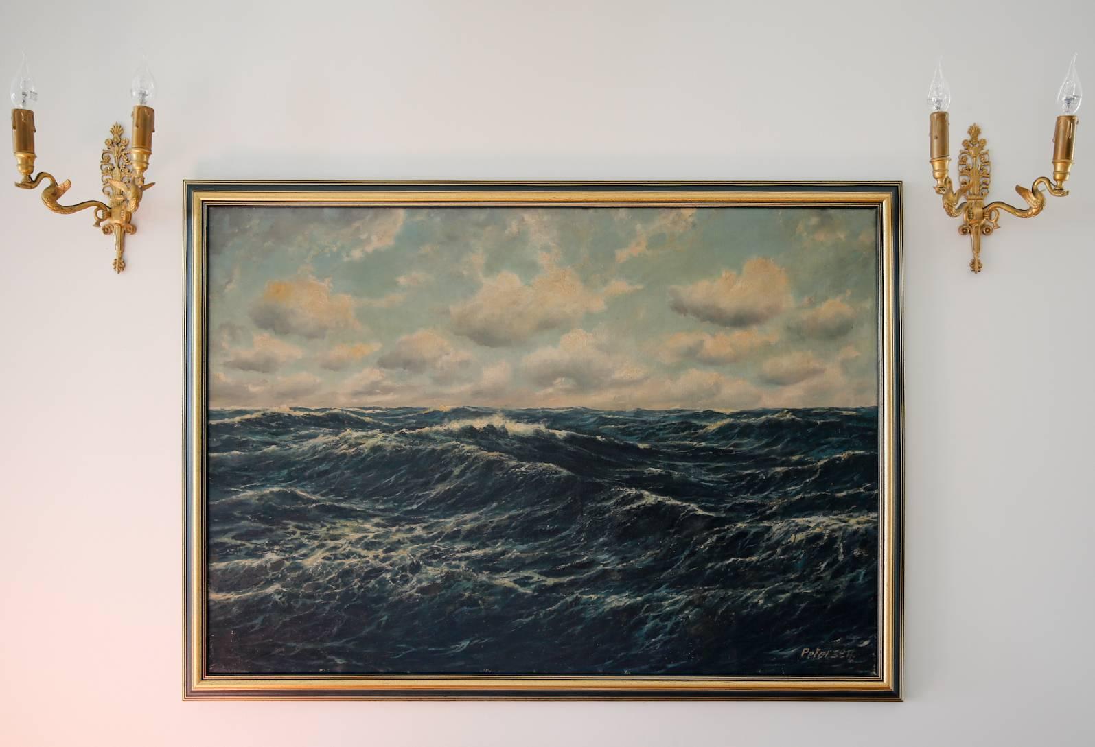 Dramatic sea scene painting by Peterson, oil technic.
 