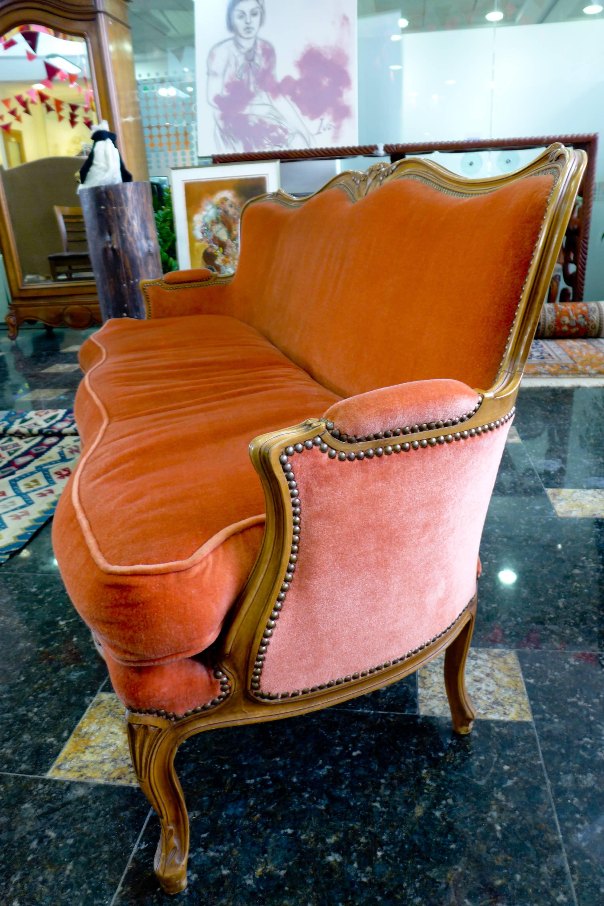 A grand antique French Louis XV style beautifully carved low backed walnut wood canapé now upholstered in soft coral velvet. Perfect condition and very cozy and comfortable, 19th century.