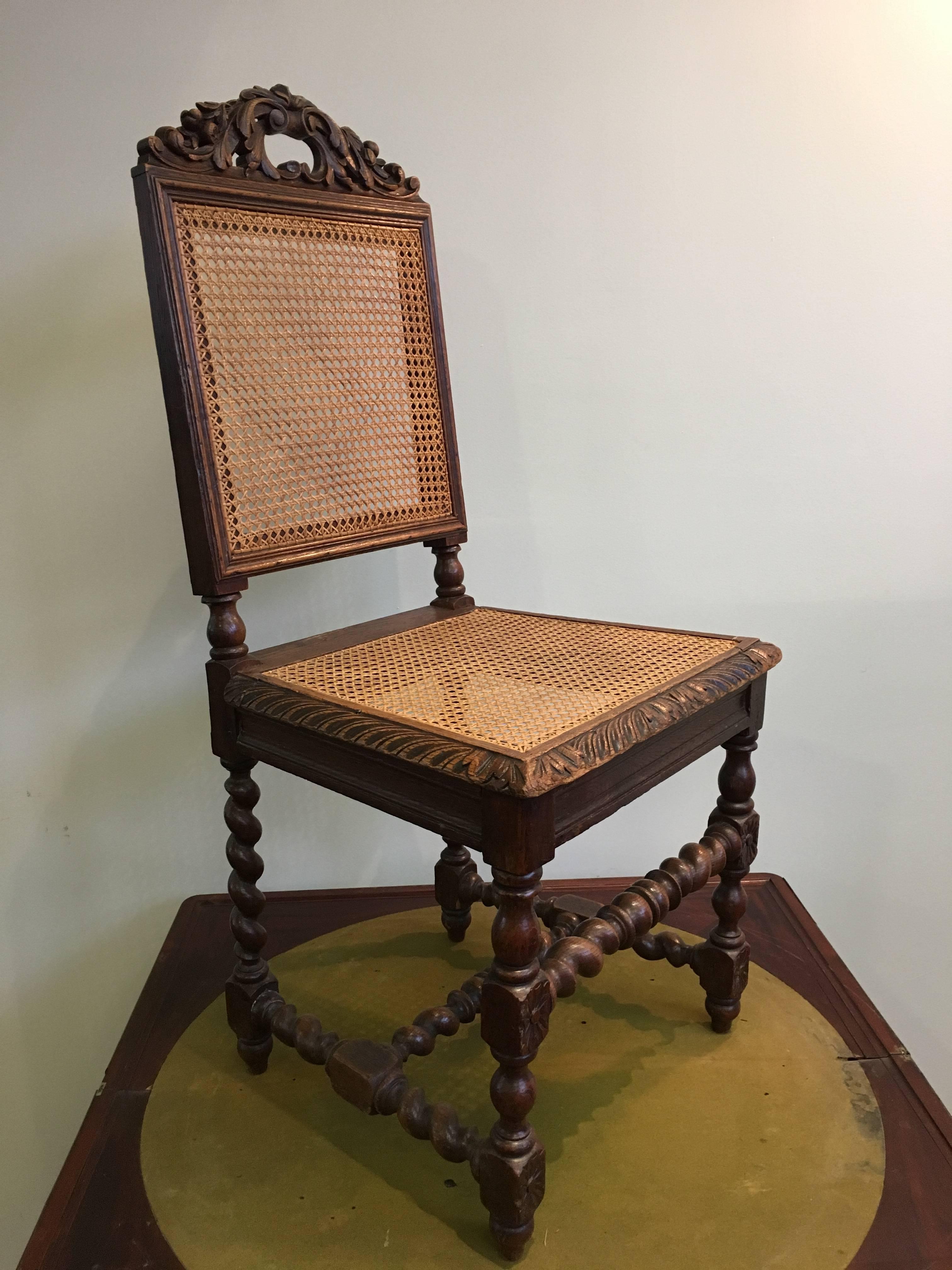 Set of four 19th century French carved walnut dining chairs in style of Louis Philippe. With hand-caned seats and backs. The chairs are raised on elegantly carved legs, France, circa 1830.
Good condition.