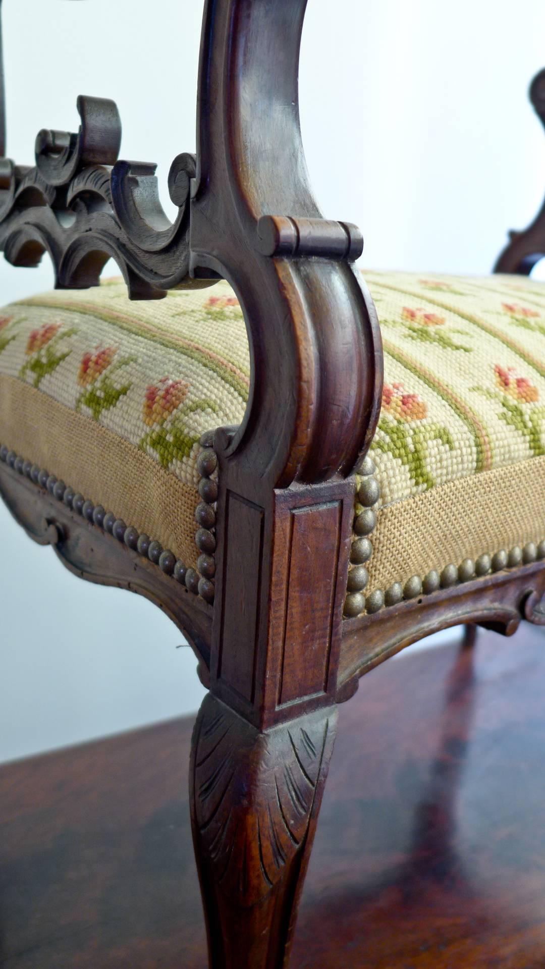 French 19th Century Carved Walnut Tapestry Seat in Louis XV Style 1