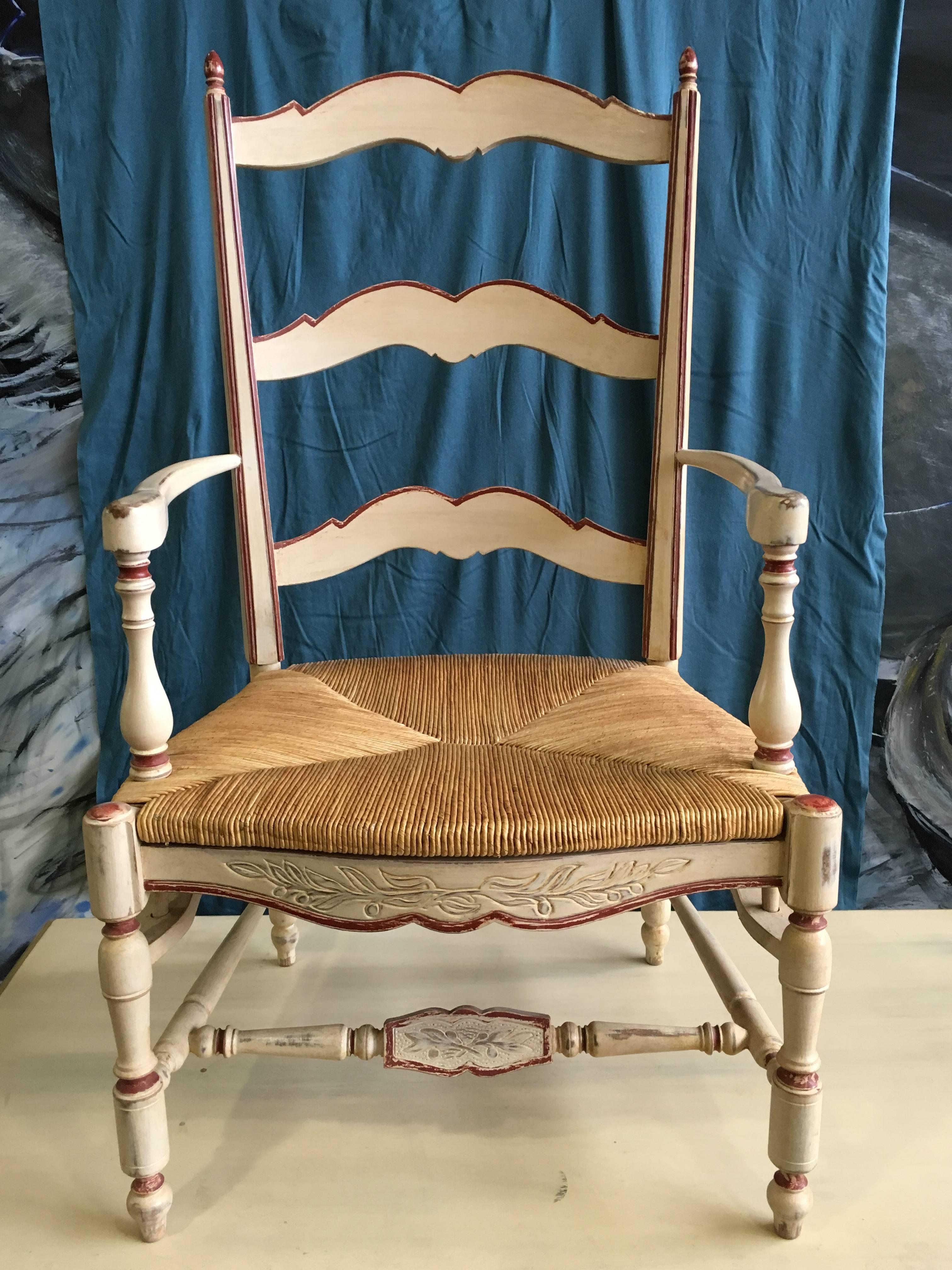 Two dining chairs from 19th century. Made of solid wood, painted in light beige with coral accents, rush seats with nice linen seating cushion in very good condition.
France, circa 1860