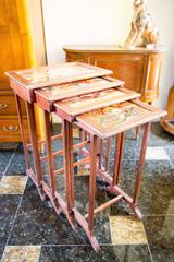 19th Century Set of Four Mahogany Tables with Hand-Painted Glass Top "NINE"