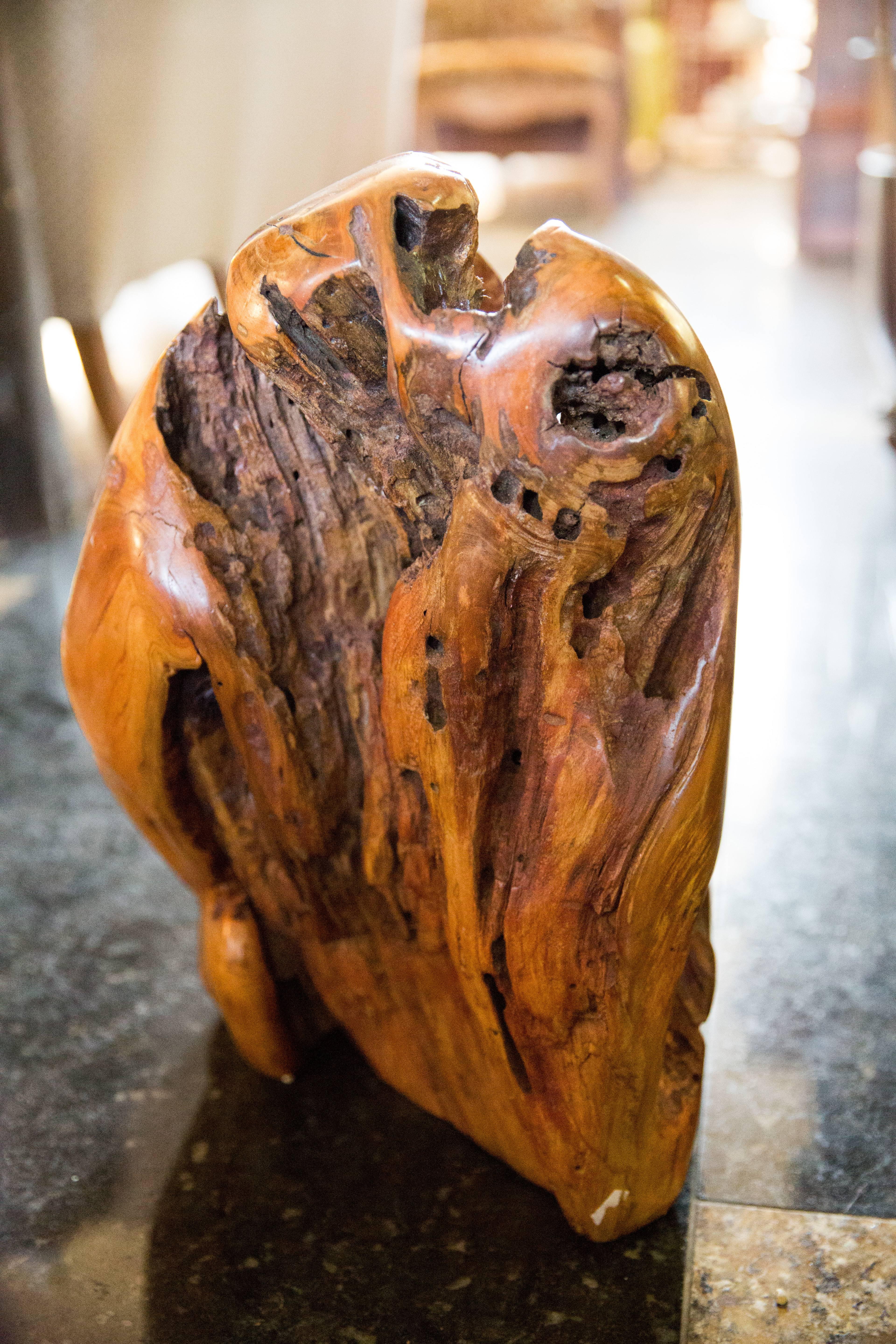 This abstract wooden sculpture made of solid piece of teak root is perfectly polished and looks really nice from all sides. It may become a nice decoration to any modern interior,
France, 20th century.
 