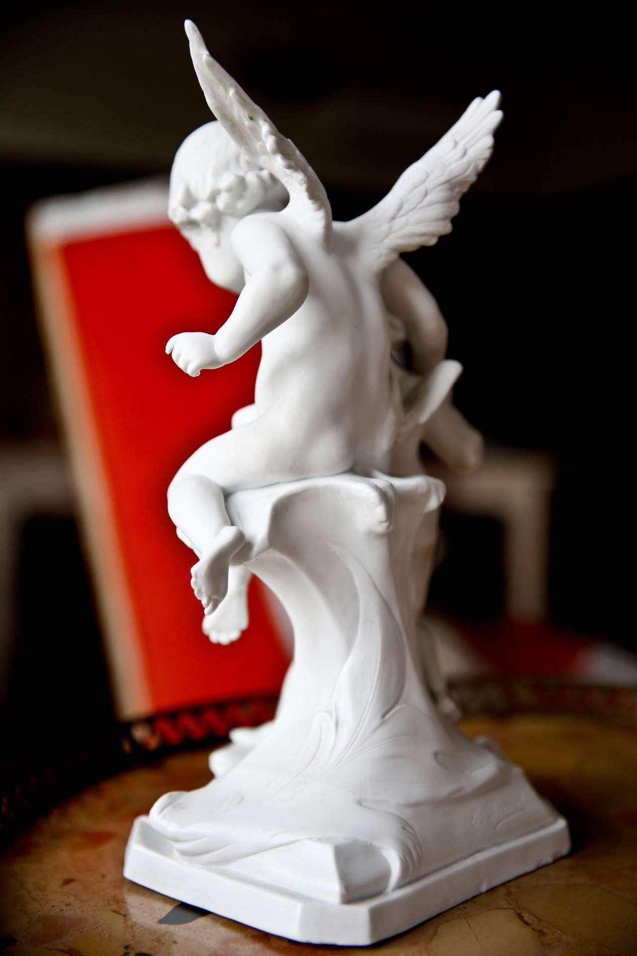 Biscuit porcelain 'Les Deux Anges' representing two embracing little angels.
By the famous French sculptor Edouard Drouot (1859-1945), signed.
There is a very well done restoration at the end of one of the wings.
France, circa 1890-1920.
