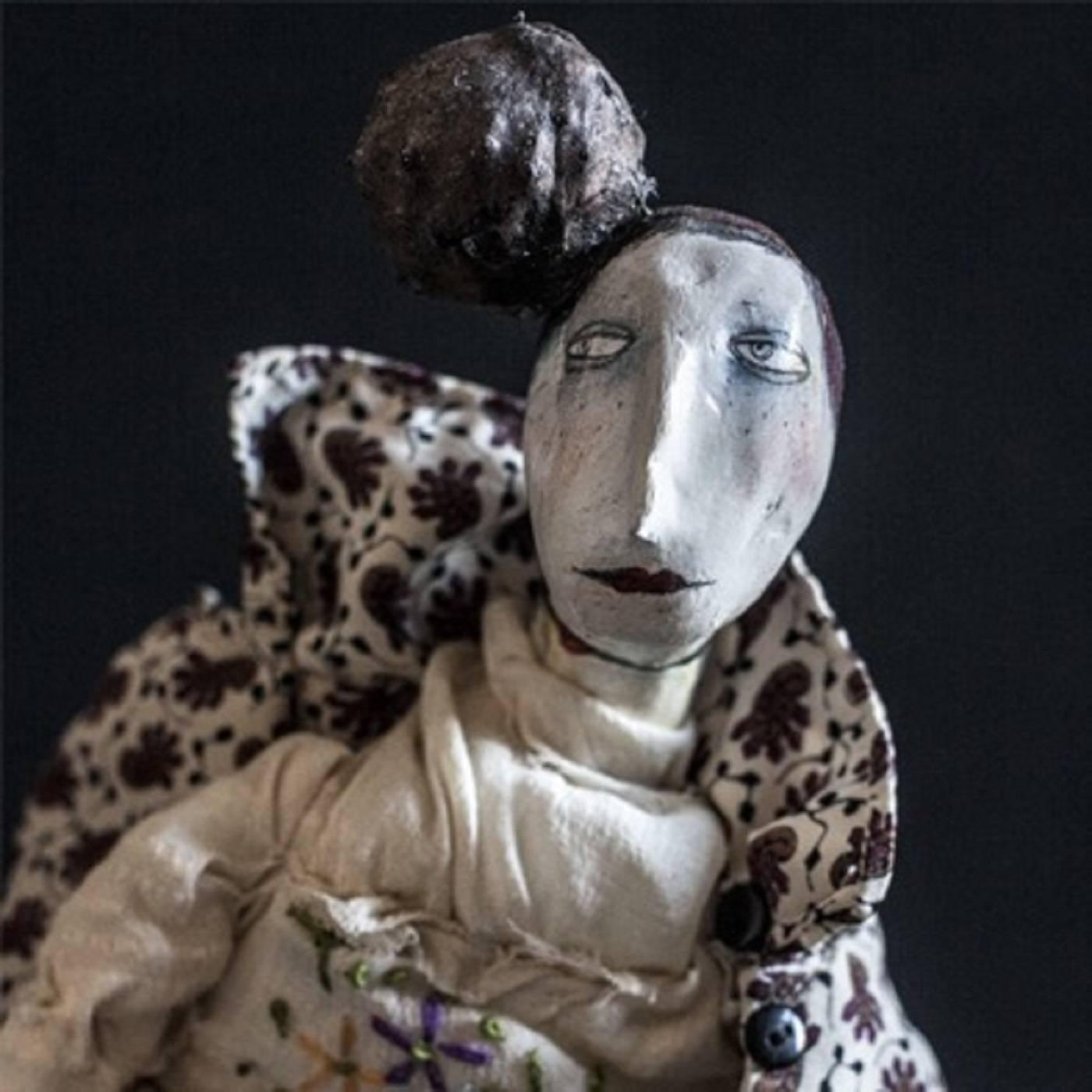 This is a mixed media art doll, used materials are clay, vintage fabrics, silk, wool, acrylic paint, love.
This sculpture can stand somewhere safely, away from direct lighting and any source of heat or water, this is not a toy, it's a special
