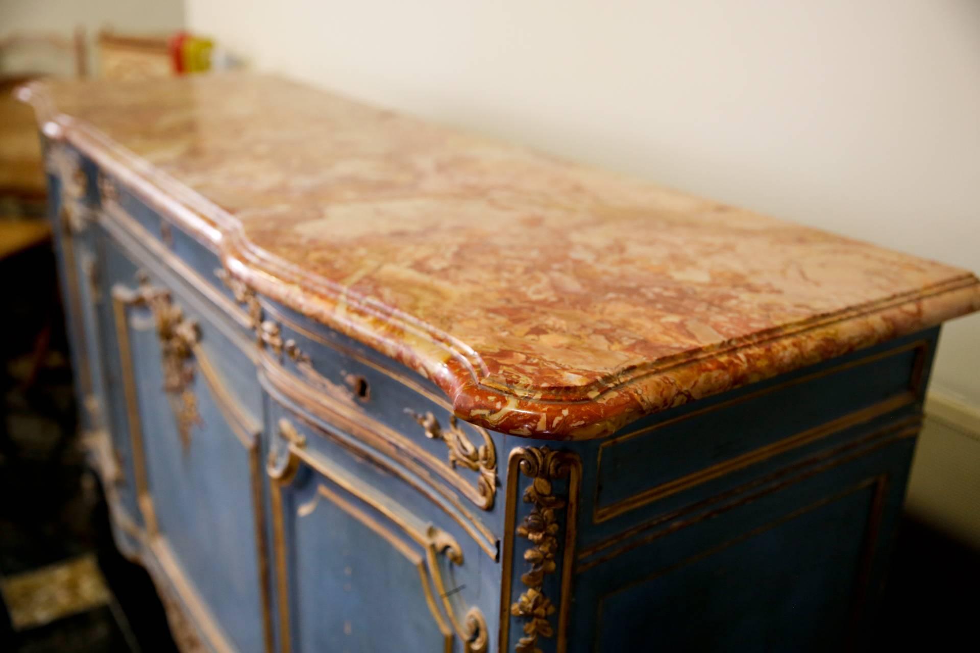 Louis XV French, 19th Century Provencal Long Enfilade Marble Top Buffet in Painted Wood
