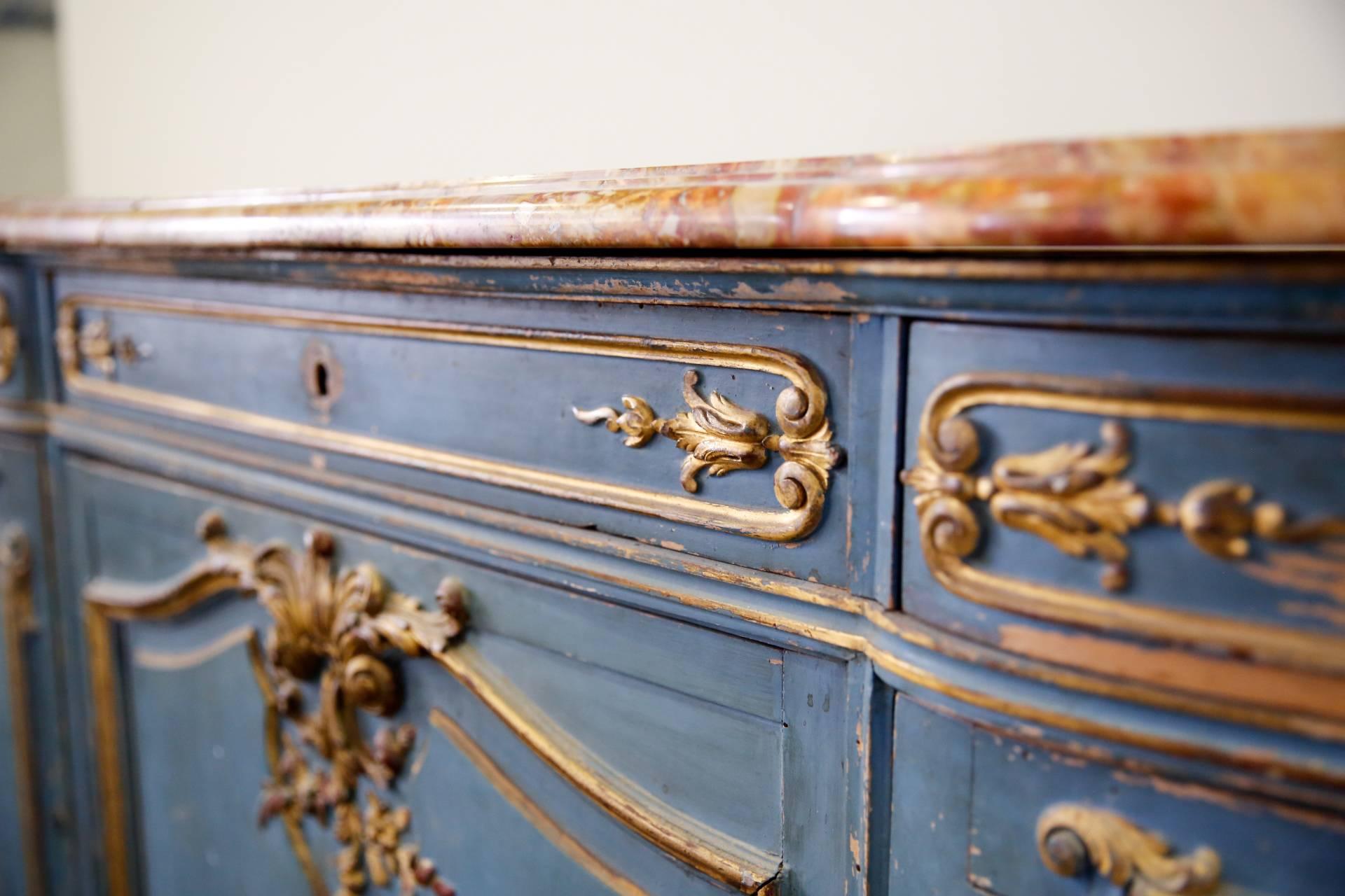 French, 19th Century Provencal Long Enfilade Marble Top Buffet in Painted Wood In Good Condition In Sofia, BG