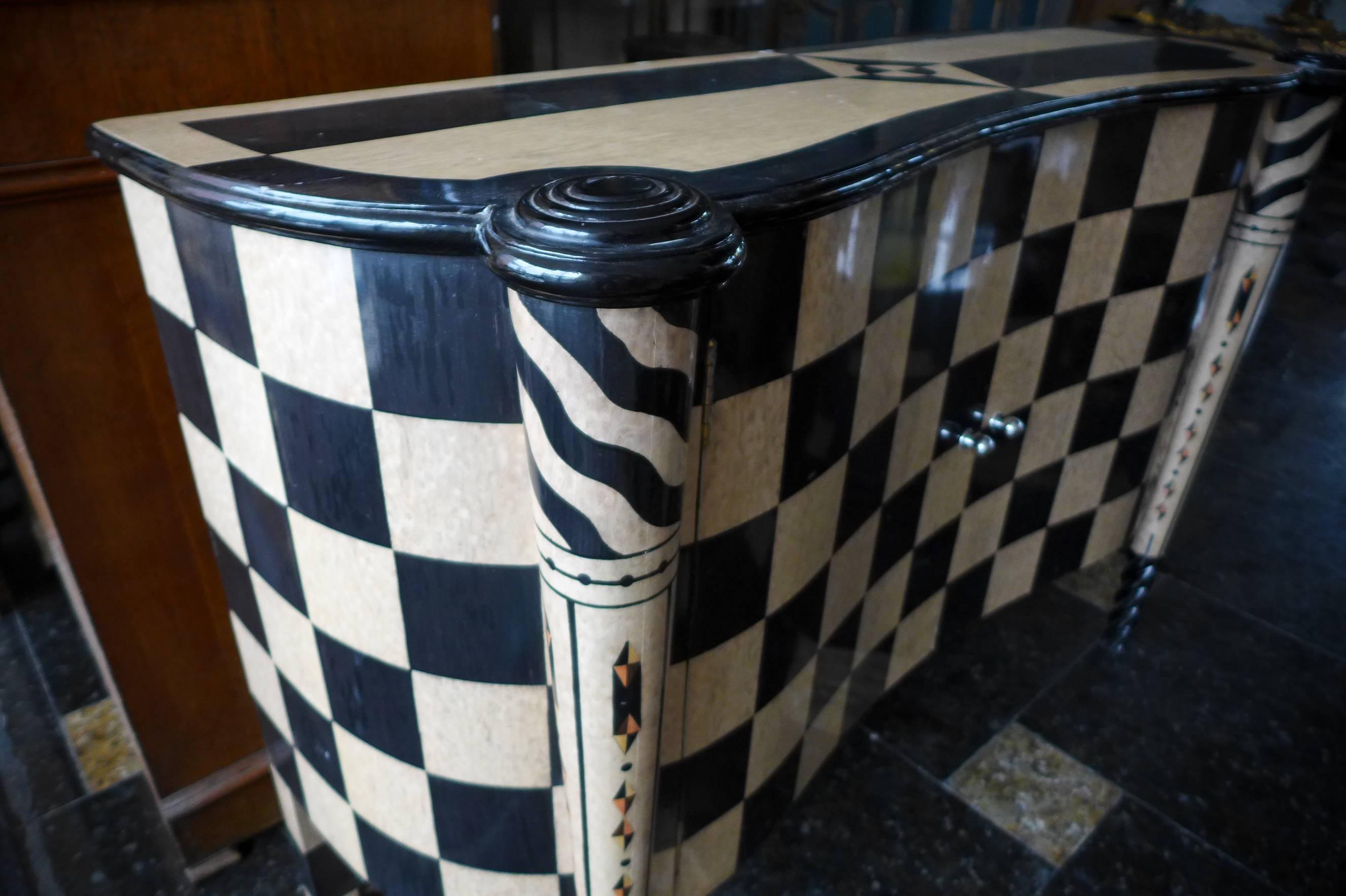 Veneer 20th Century Rare Italian Cabinet in Checkerboard Pattern Ash Wood and Ebony