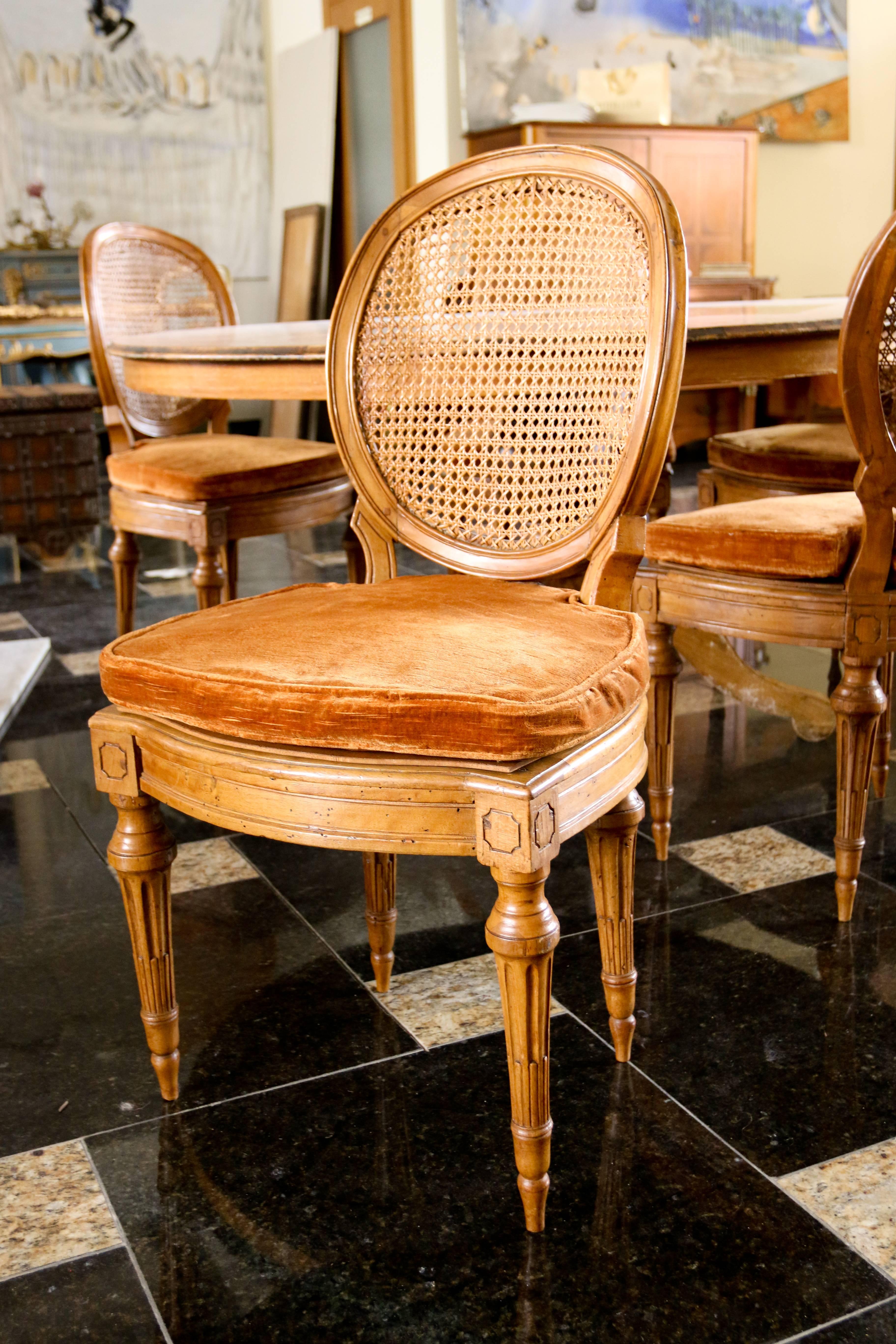 Set of six 18th century French carved walnut dining chairs from Louis XVI period.
With hand-caned seats and backs and with comfortable cushions. The chairs are raised on elegantly carved legs. All six are very stable as construction and the cane is