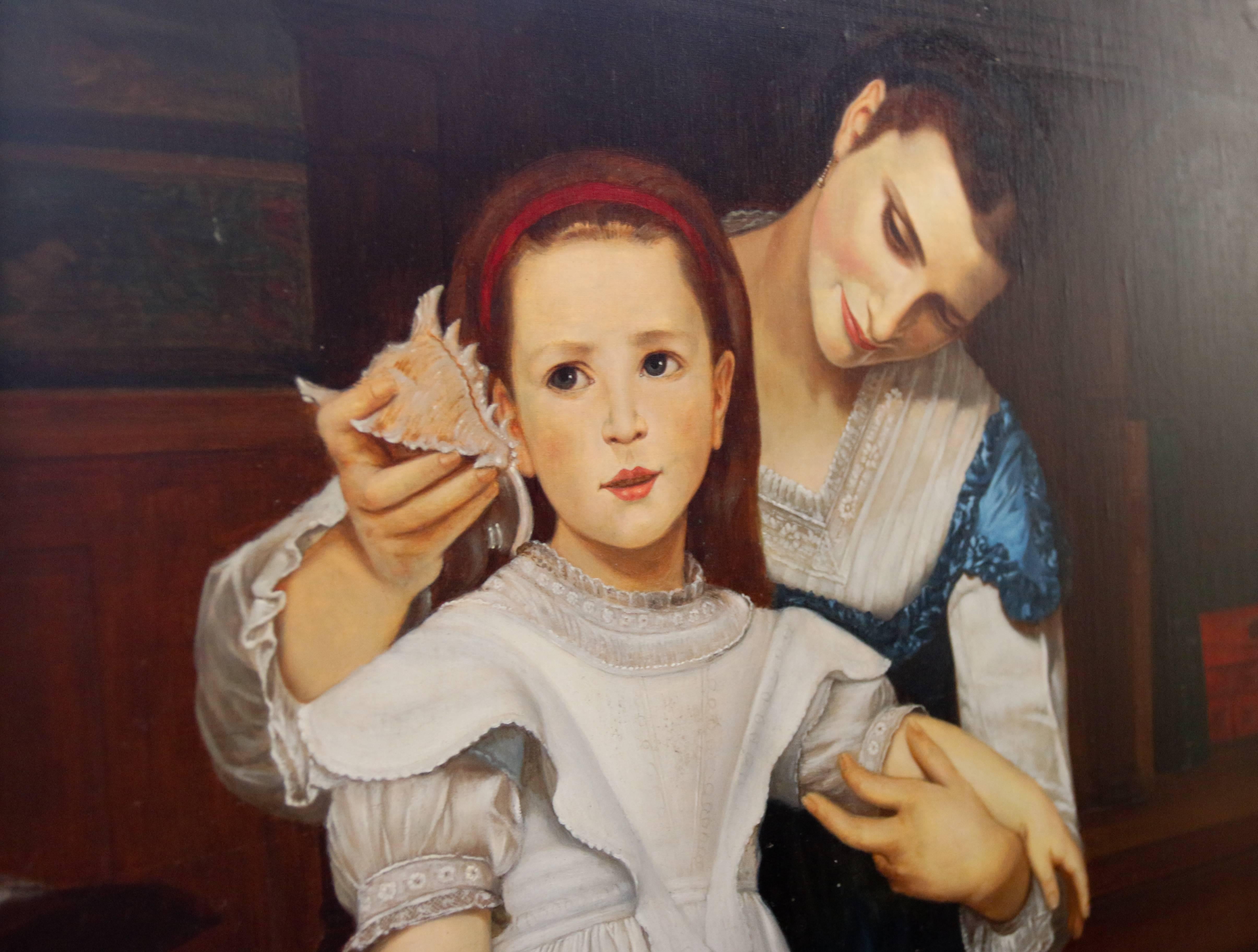 Madre e figlia che ascoltano il mare in una conchiglia
Olio su tela, affascinante scena con personaggi molto vivaci che brillano su uno sfondo scuro.
Francia, XX secolo.
Quest'opera è una copia di un famoso dipinto del maestro francese del XIX