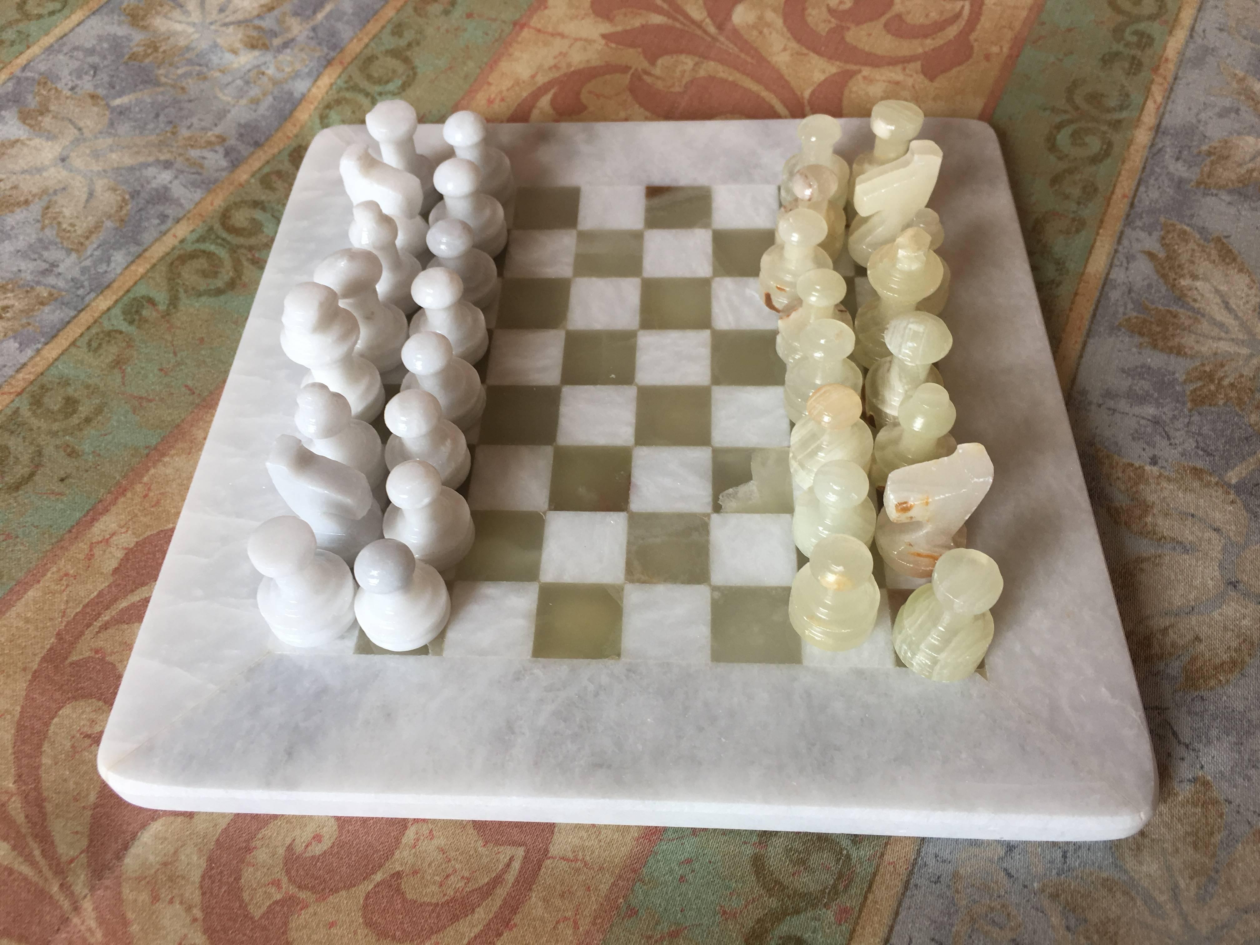 Modern Green, White Onyx Marble Hand-Carved Chess