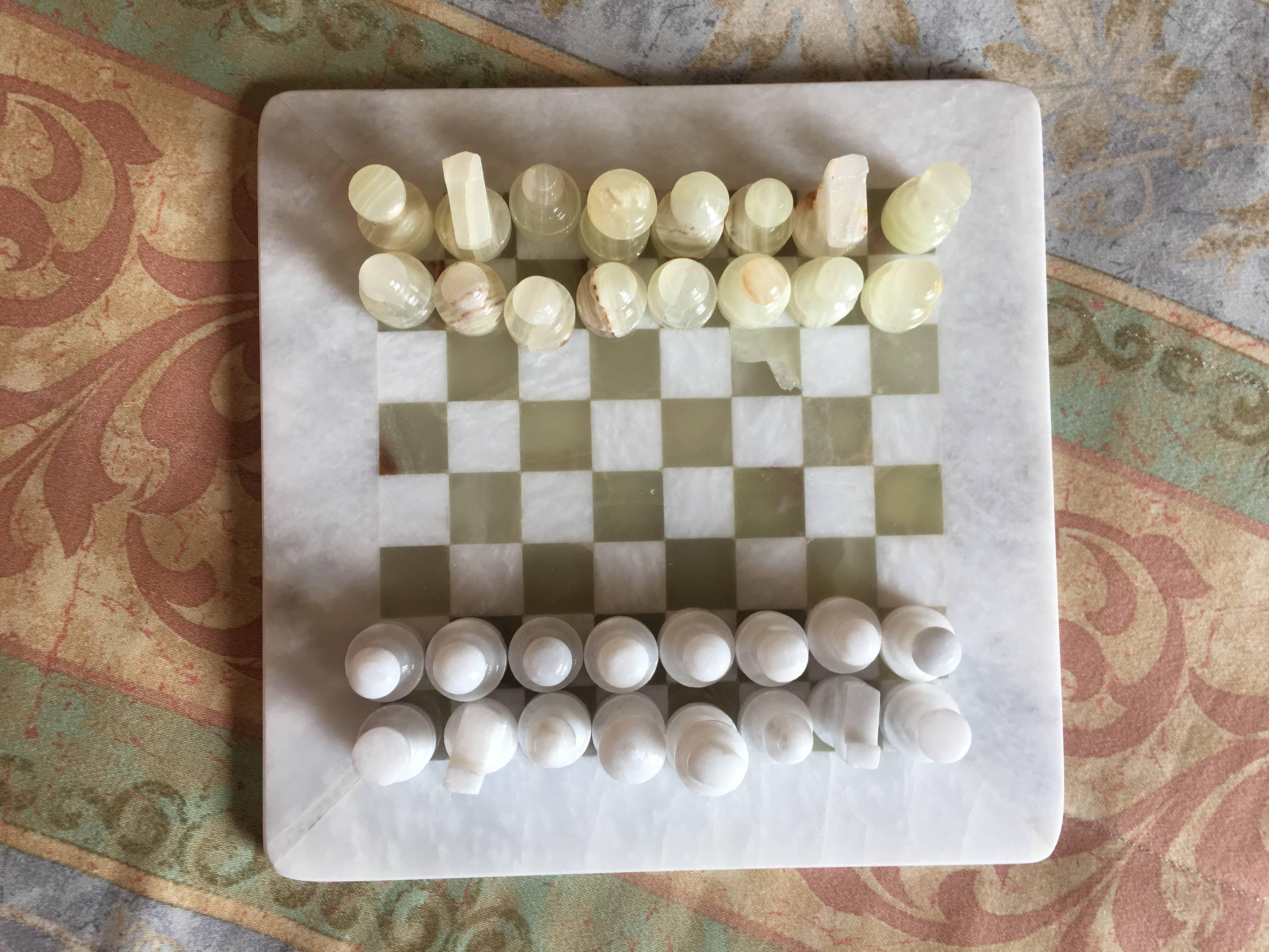 Unknown Green, White Onyx Marble Hand-Carved Chess