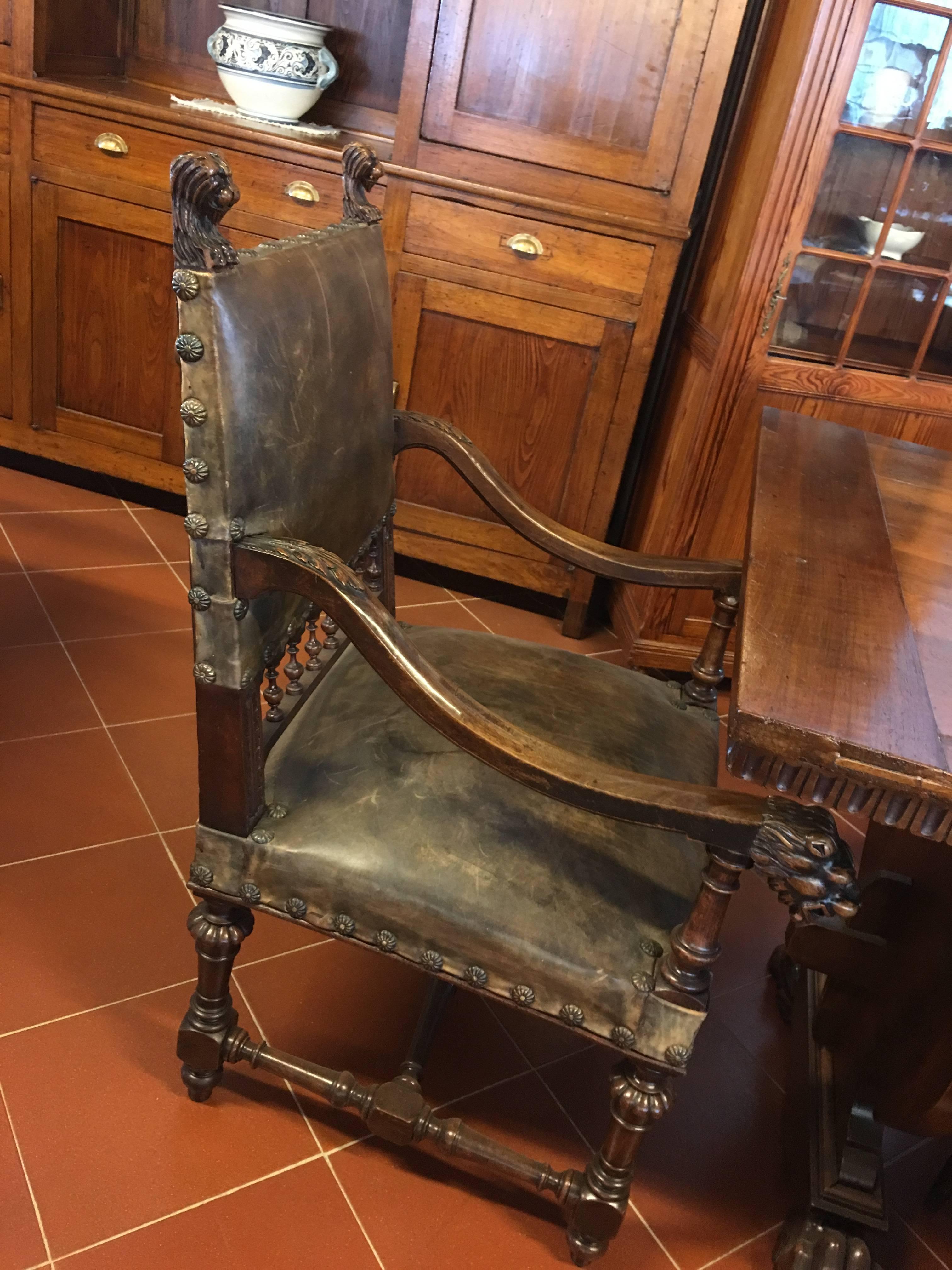18th Century Antique Leather Carved Italian Throne Chair