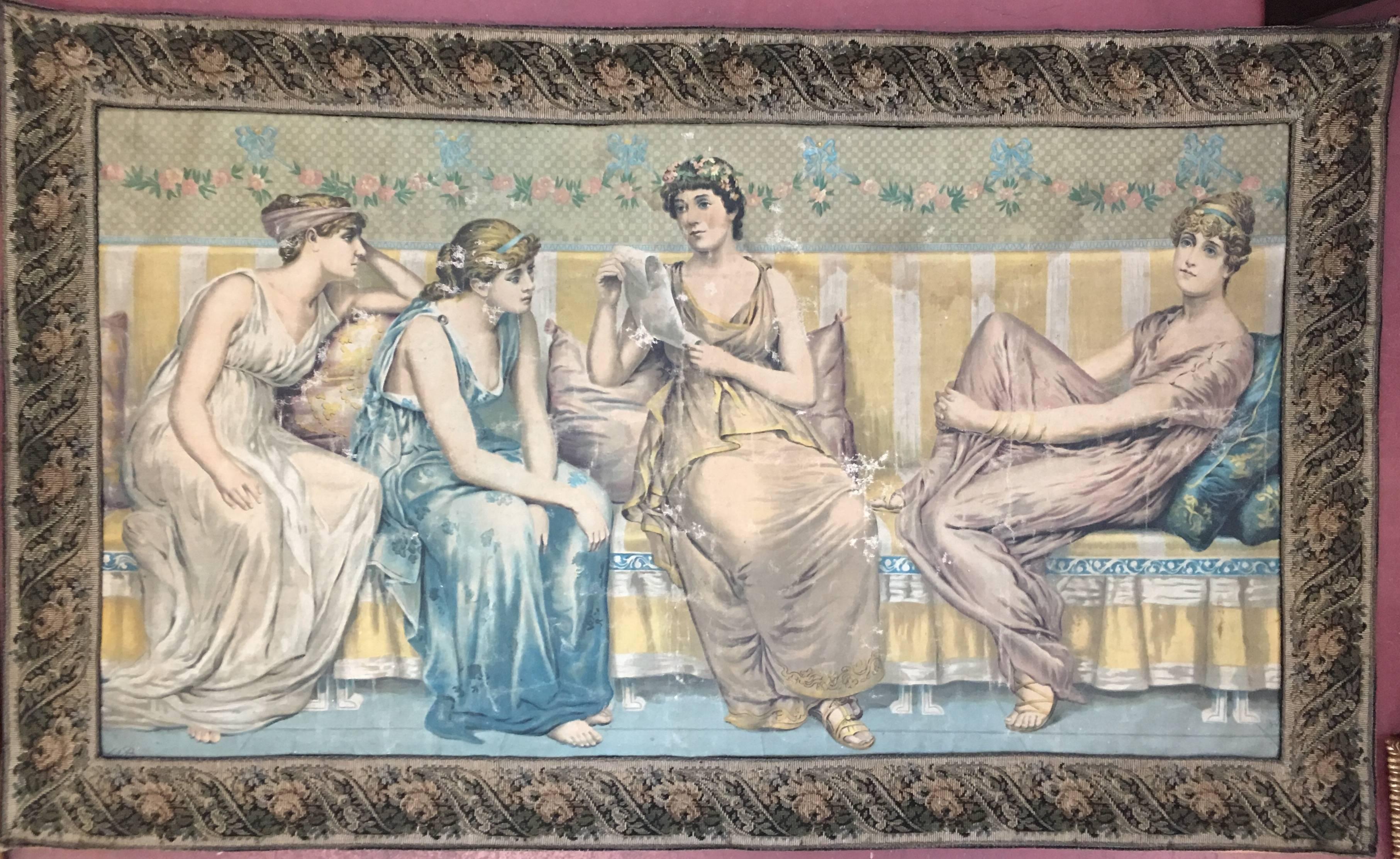 Italian antique beautiful tapestry represents four women. In the middle one of the women is reading. This unique tapestry is signed on the left down corner, but the artist/ maker was not recognized.
Free complimentary shipping all around the world.