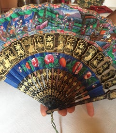 Lacquered Mandarin Chinese Landscape Fan with Box