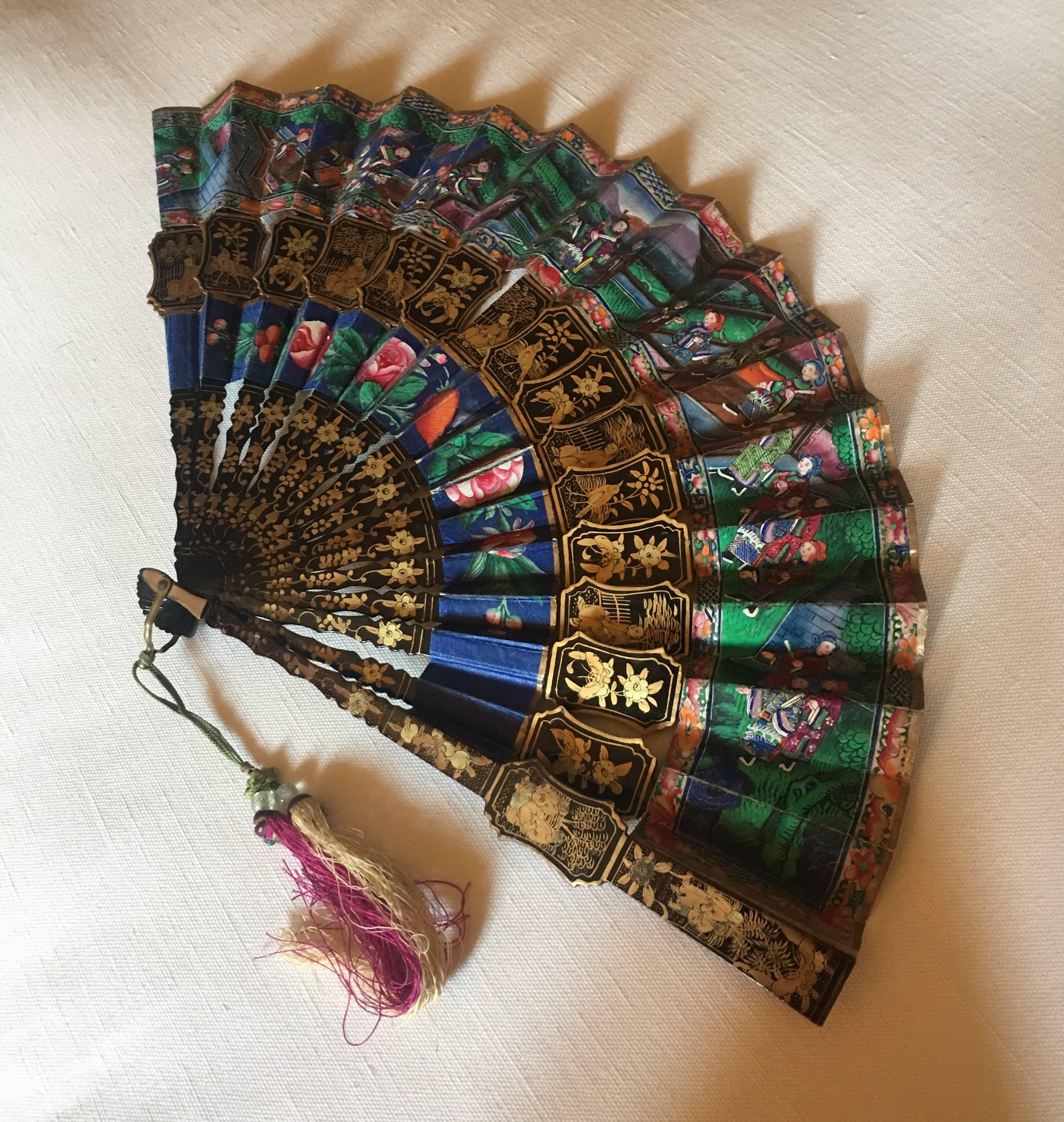 Sandalwood Lacquered Mandarin Chinese Landscape Fan with Box