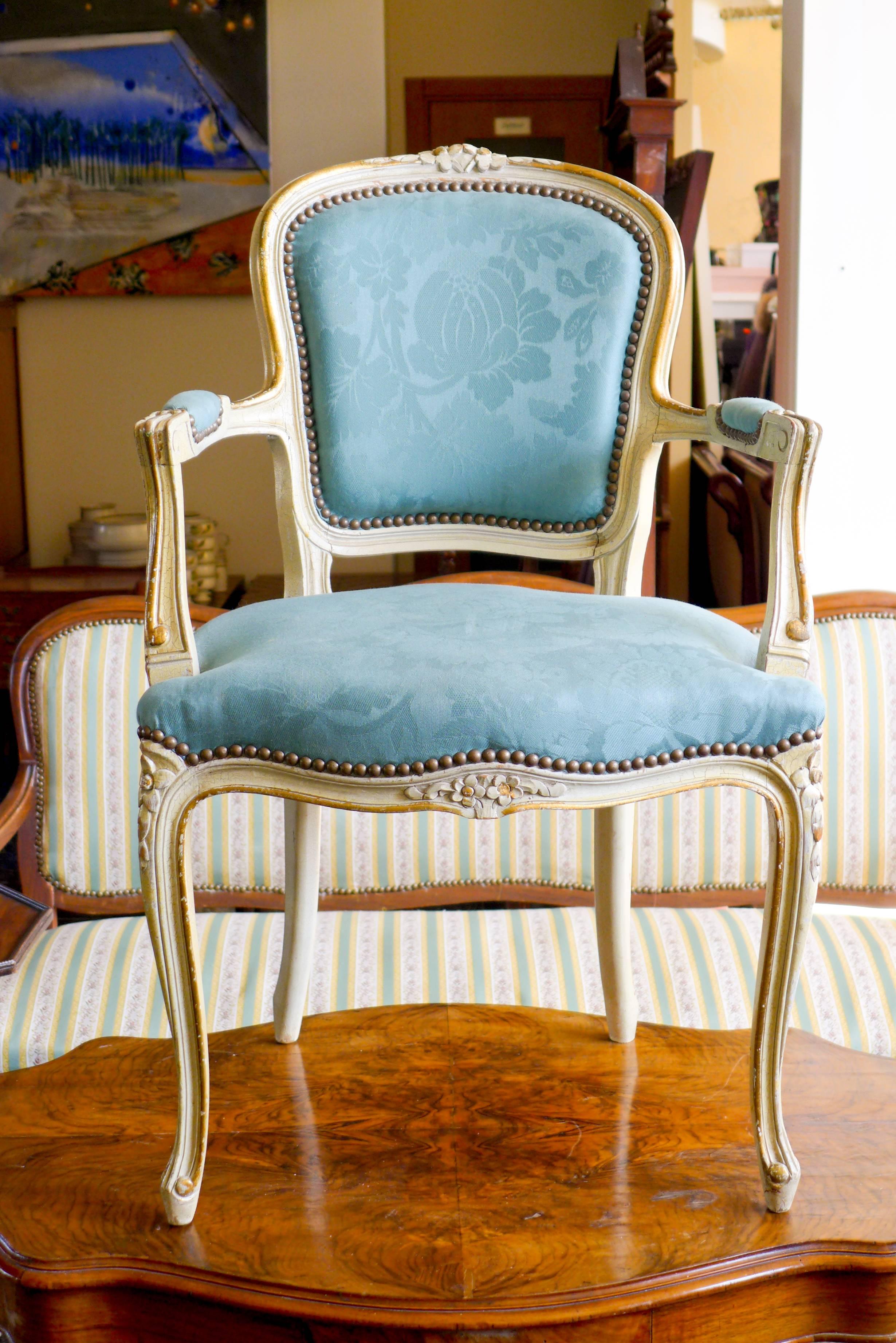 Hand-Painted 19th Century French Painted Armchair in Louis XV Style