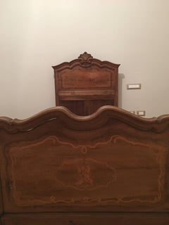 Pair of Italian Marquetry Inlaid Solid Carved Walnut Single Beds