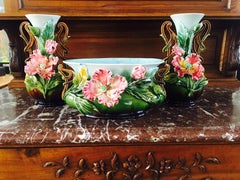 Set of 19th Century French Hand-Painted Barbotine Vases with Flowers