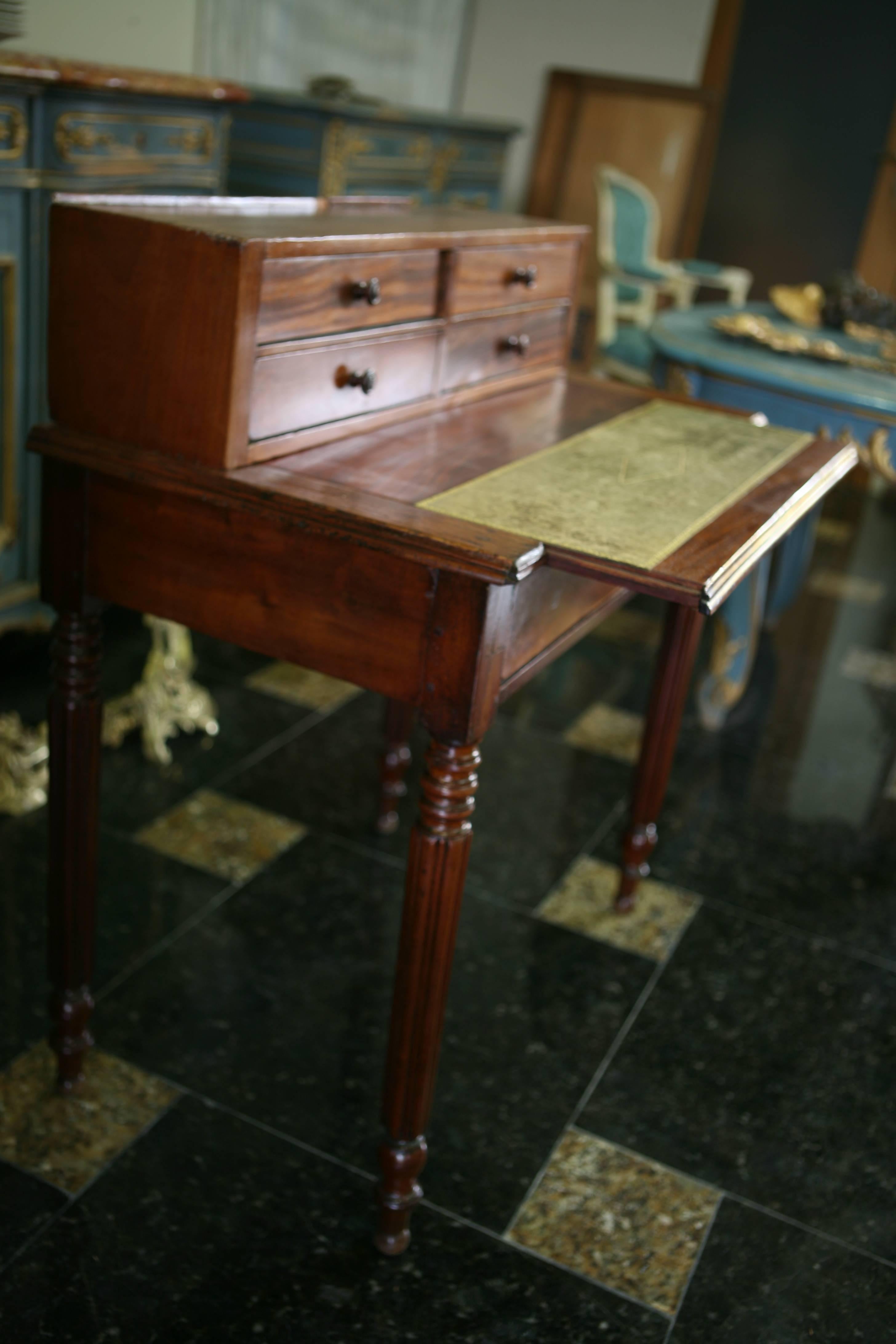 19th Century Antique French Writing Table with Drawers and Green Leather Top, circa 1870