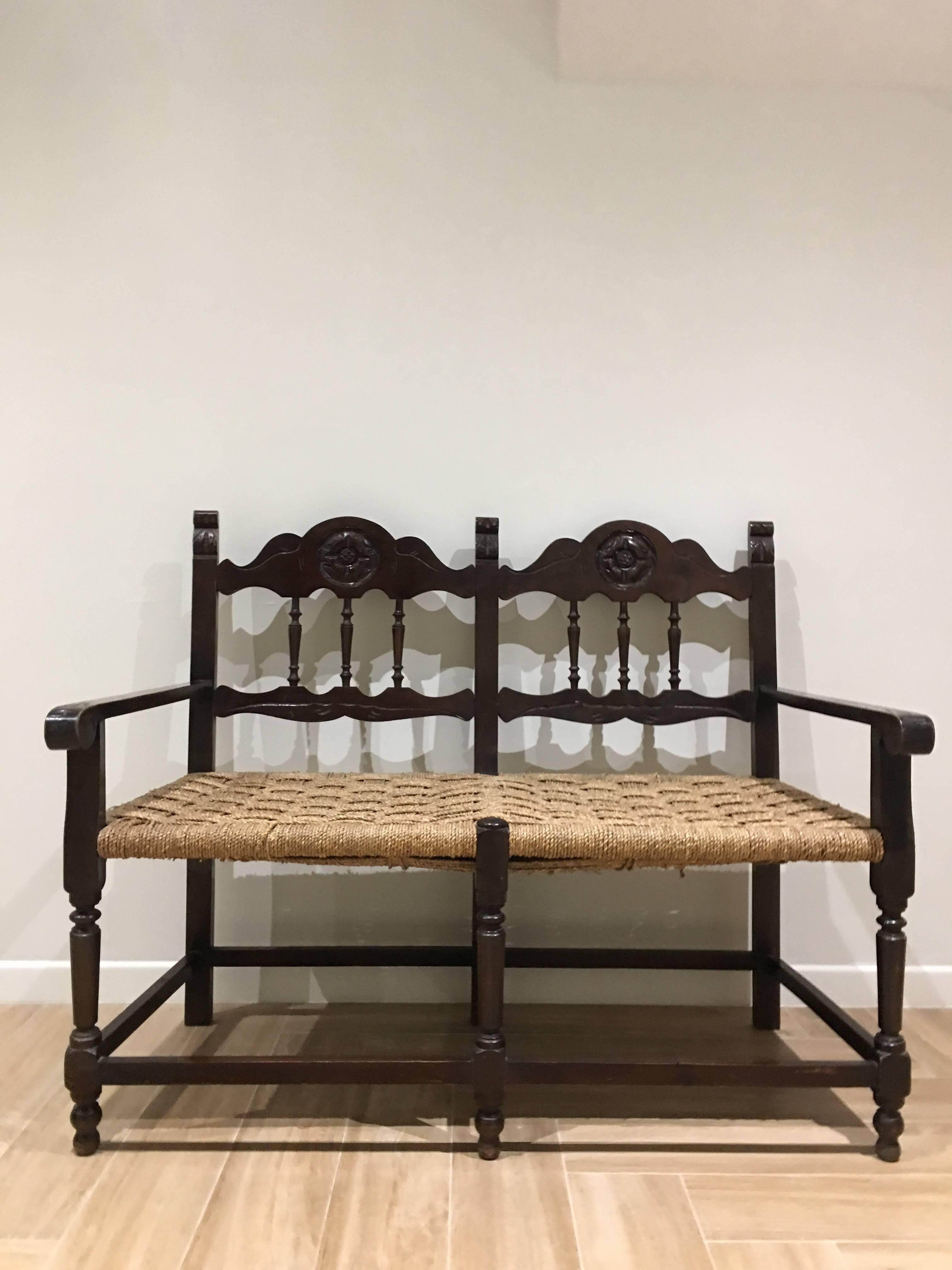 Italian Two-Seat Tuscan Wooden Straw Bench, Italy, 19th Century