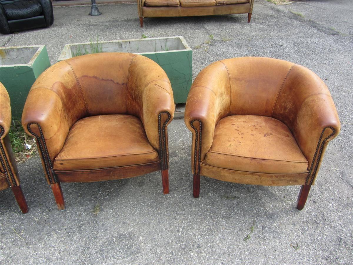 Art Deco Two Club Brown Leather Armchairs, Italy 