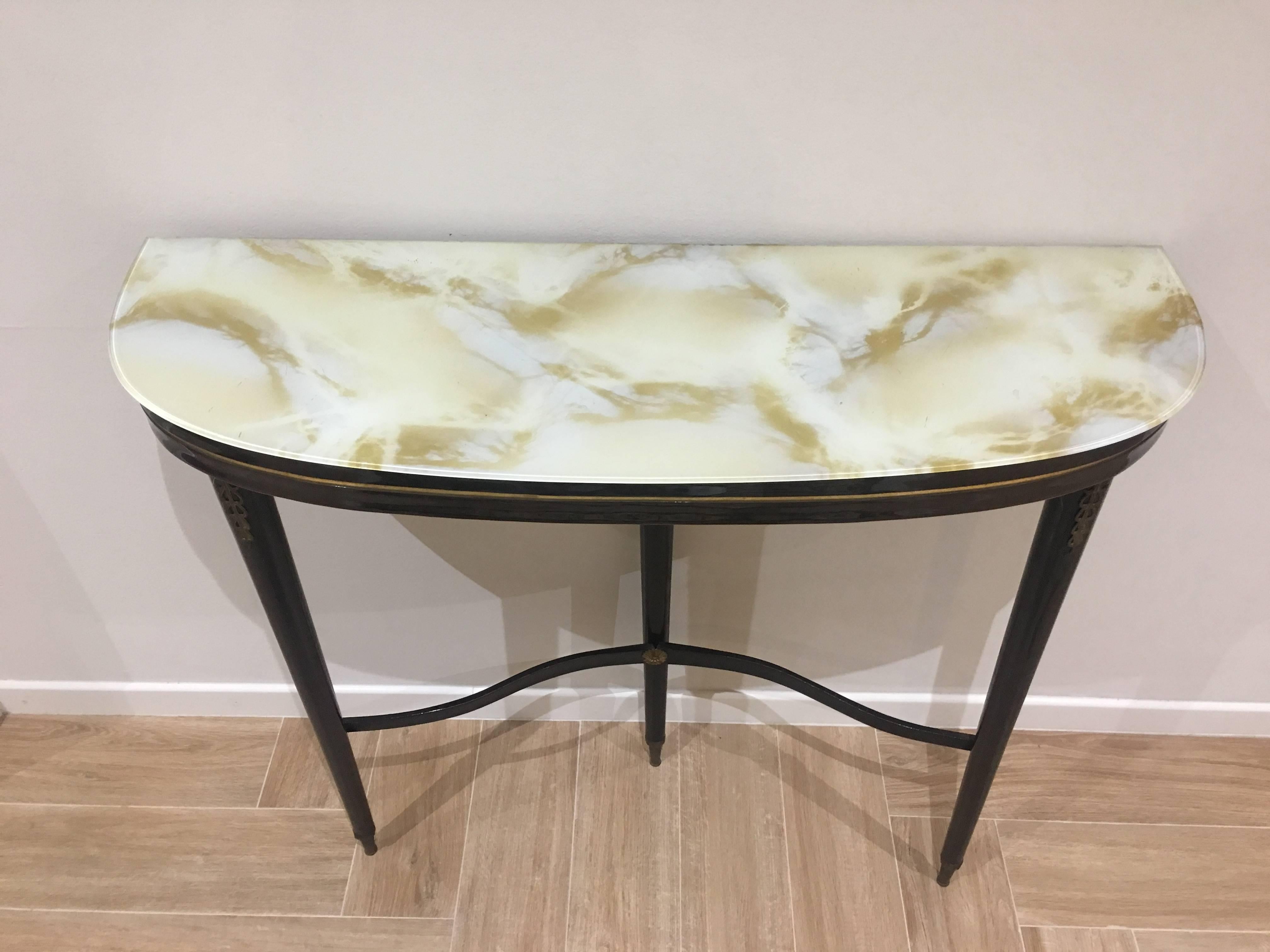 Art Deco Italian Demilune Black Wooden Console Table with a Glass Top