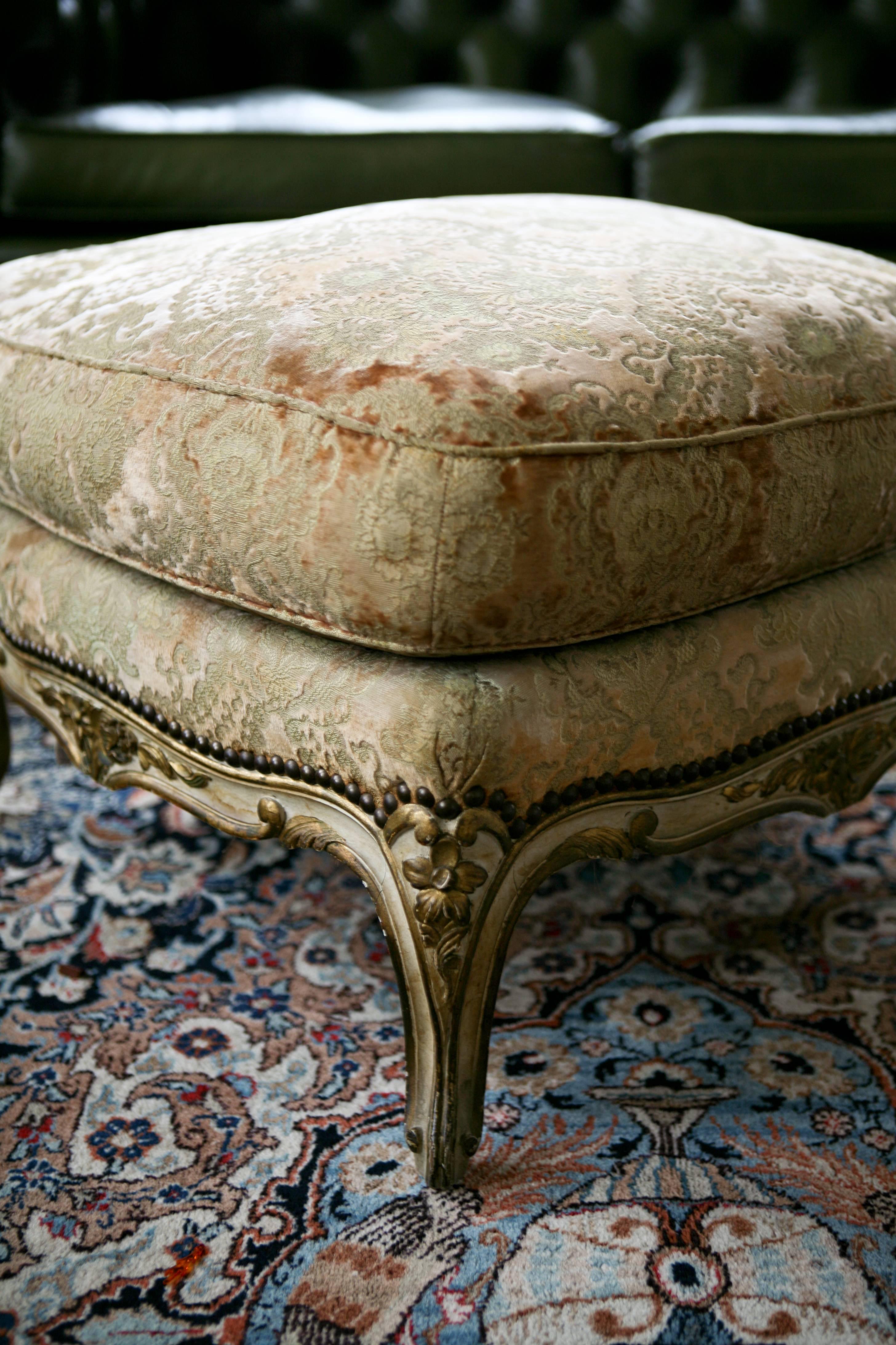 19th century, French carved and painted Louis XV style tabouret with very beautiful light golden upholstery in great condition.
France, circa 1870.
   
     
