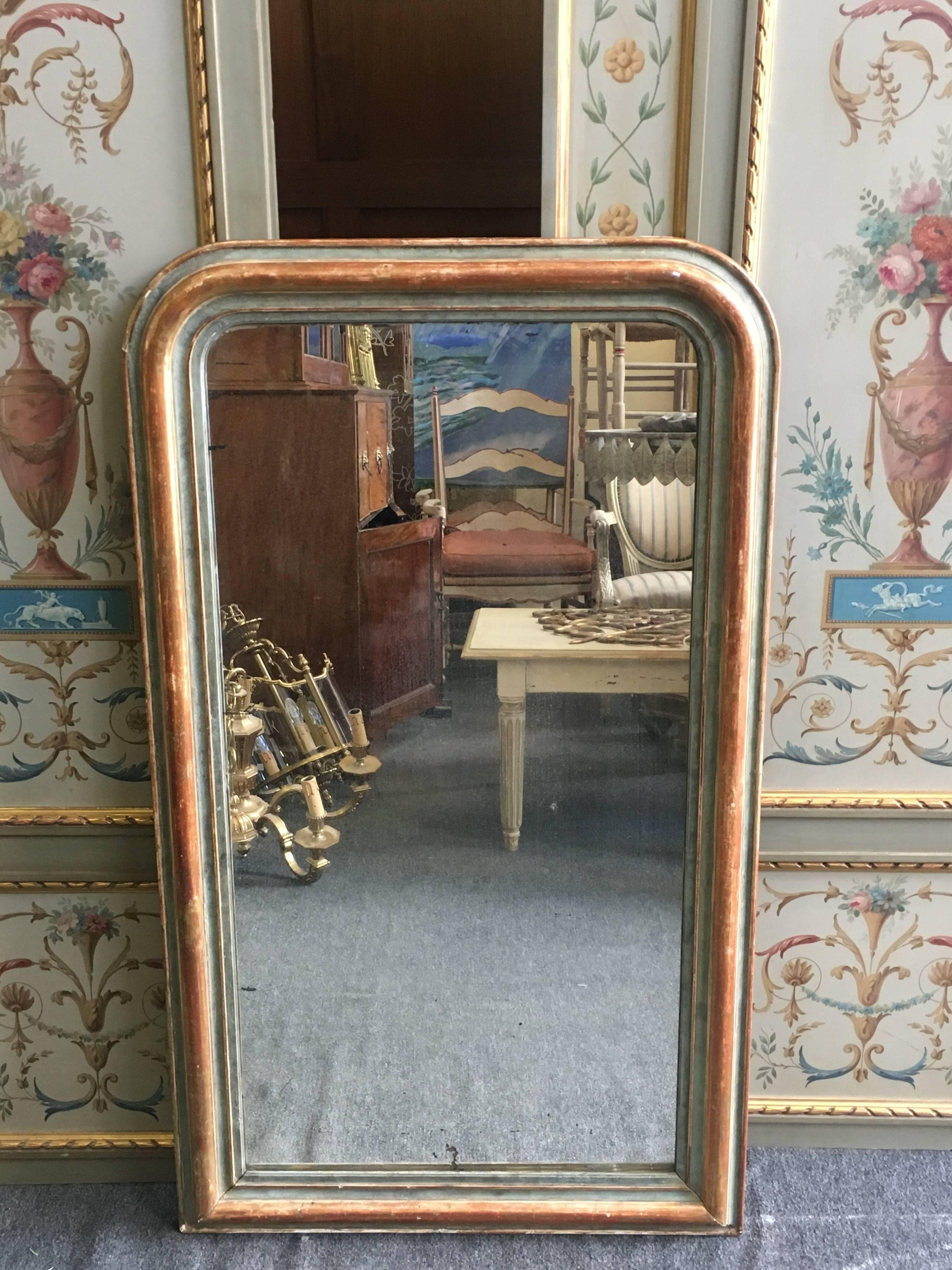 Large hand-painted giltwood mirror with crystal glass.
France, circa 1870.
