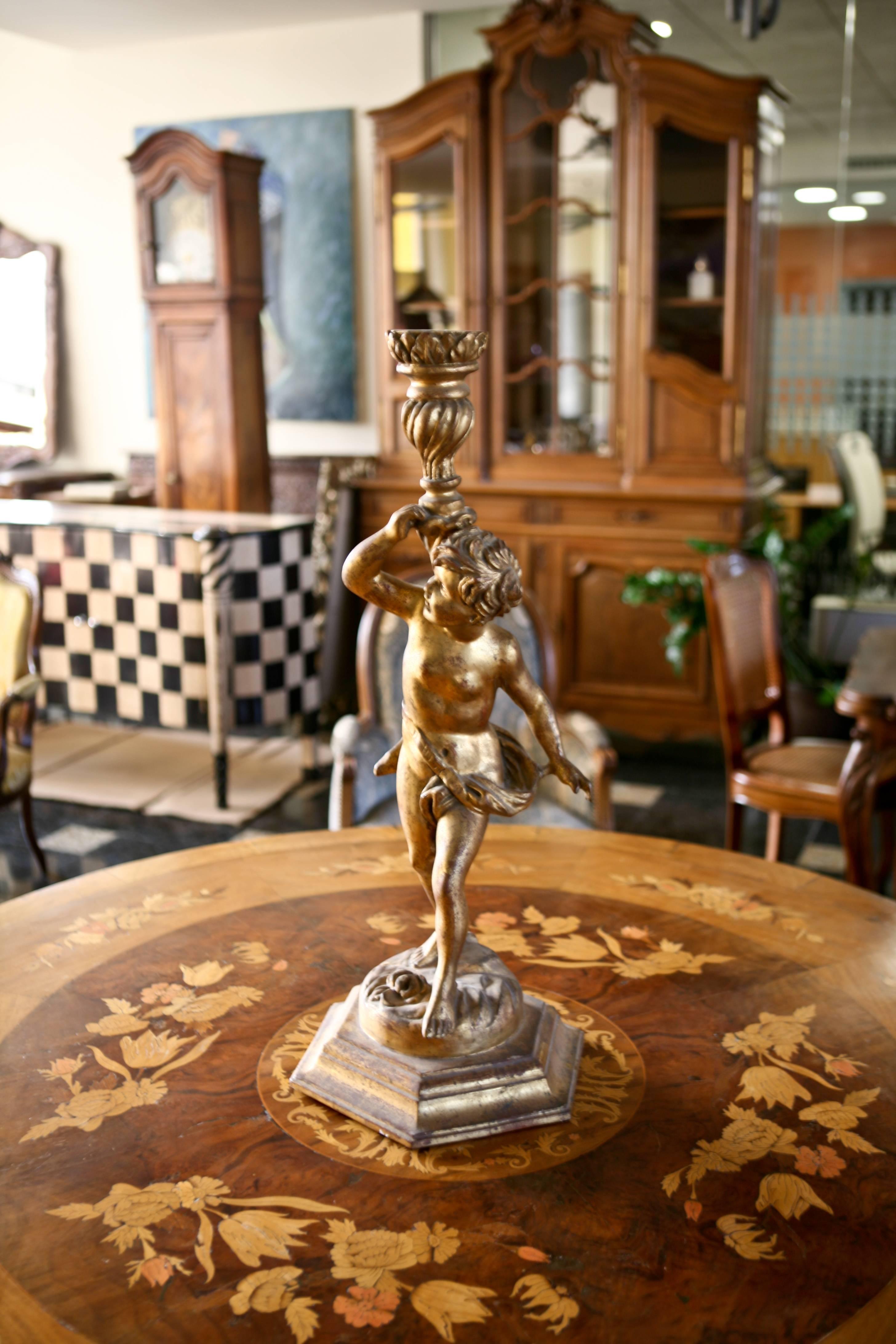 Beautiful handmade carved base for lamp with very elegant figure of cherub.
Very stable proportion.
France.