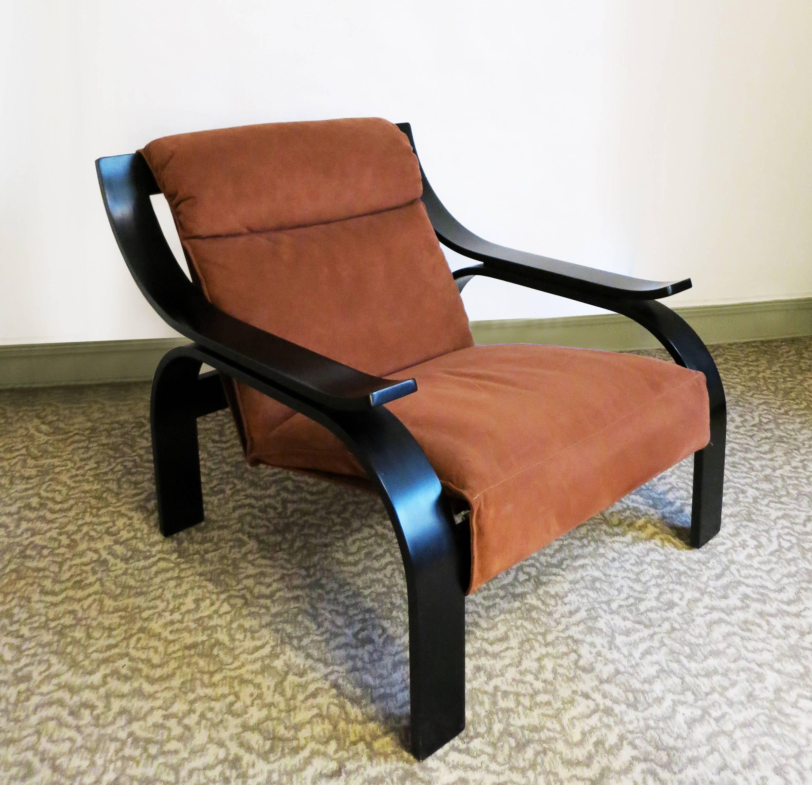 Armchair by Marco Zanusso from the19 60s.
Ebonized wood and original alcantara upholstery.