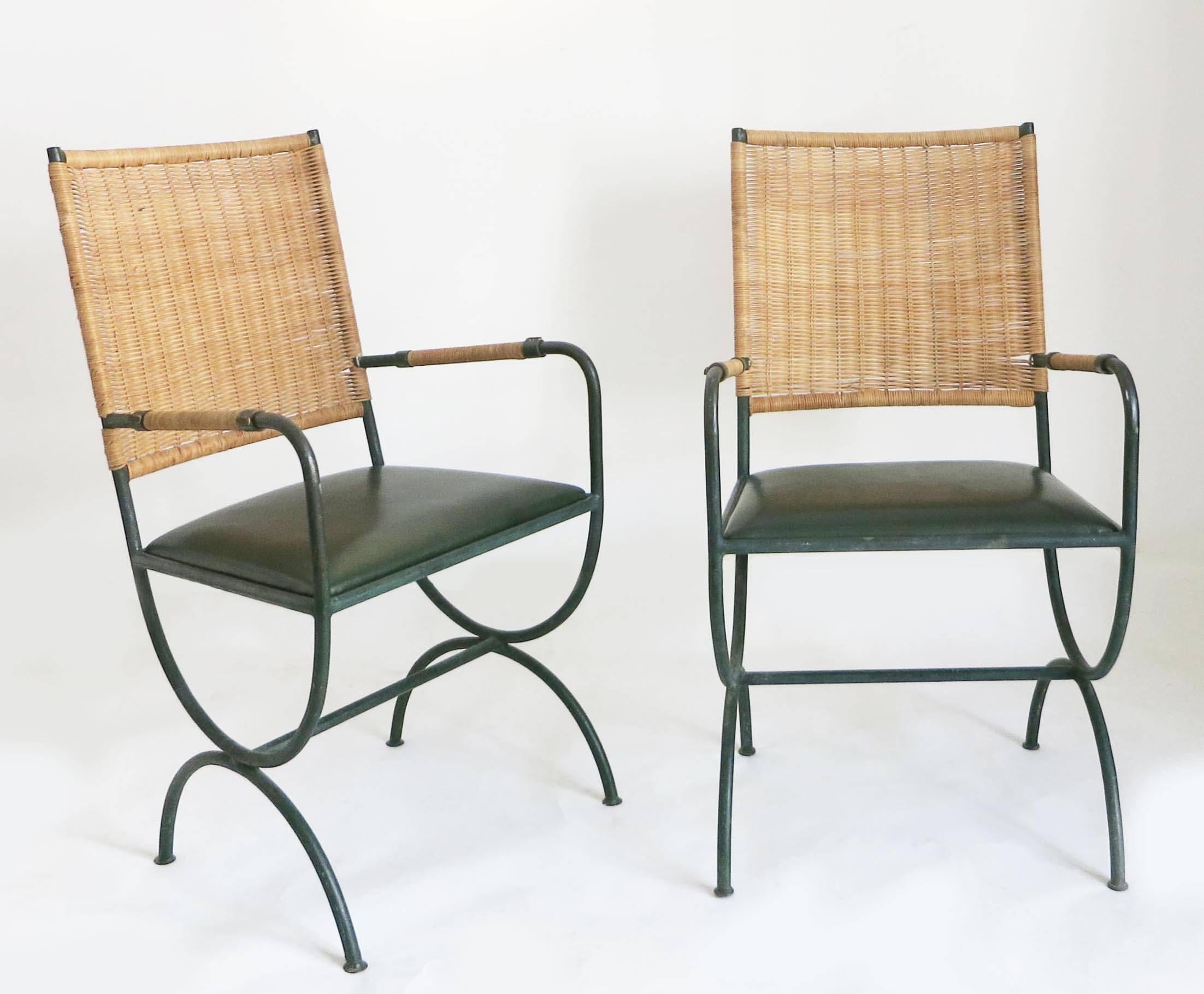 Mid-Century Modern Pair of Jacques Adnet Chairs, Wicker, Leather and Iron, 1950s