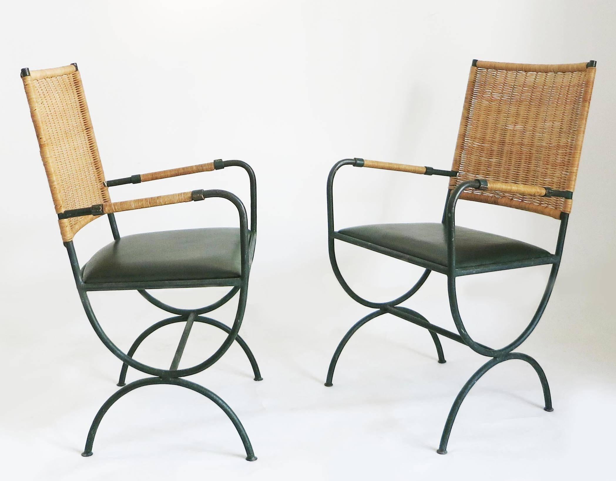 French Pair of Jacques Adnet Chairs, Wicker, Leather and Iron, 1950s