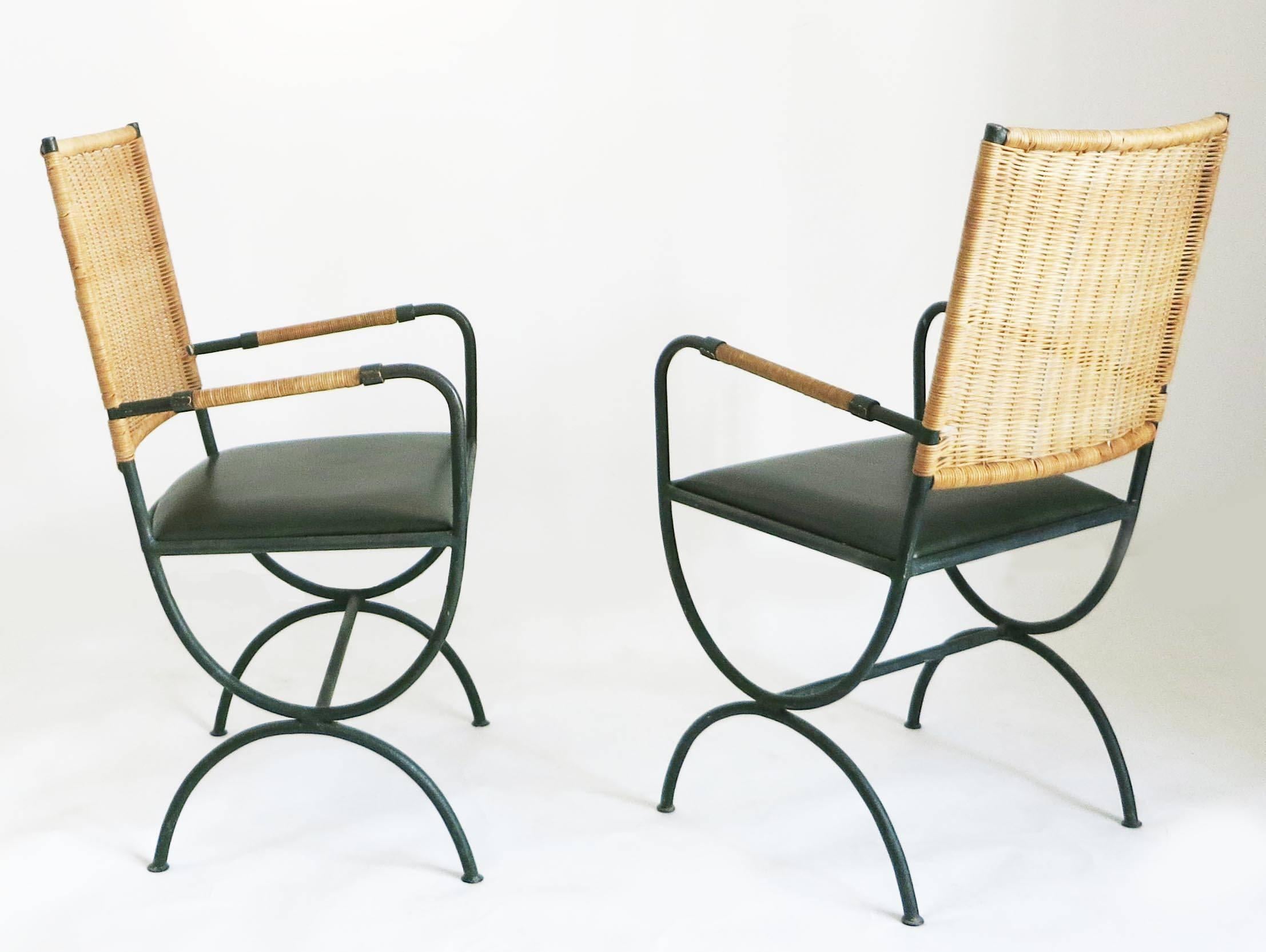 Painted Pair of Jacques Adnet Chairs, Wicker, Leather and Iron, 1950s
