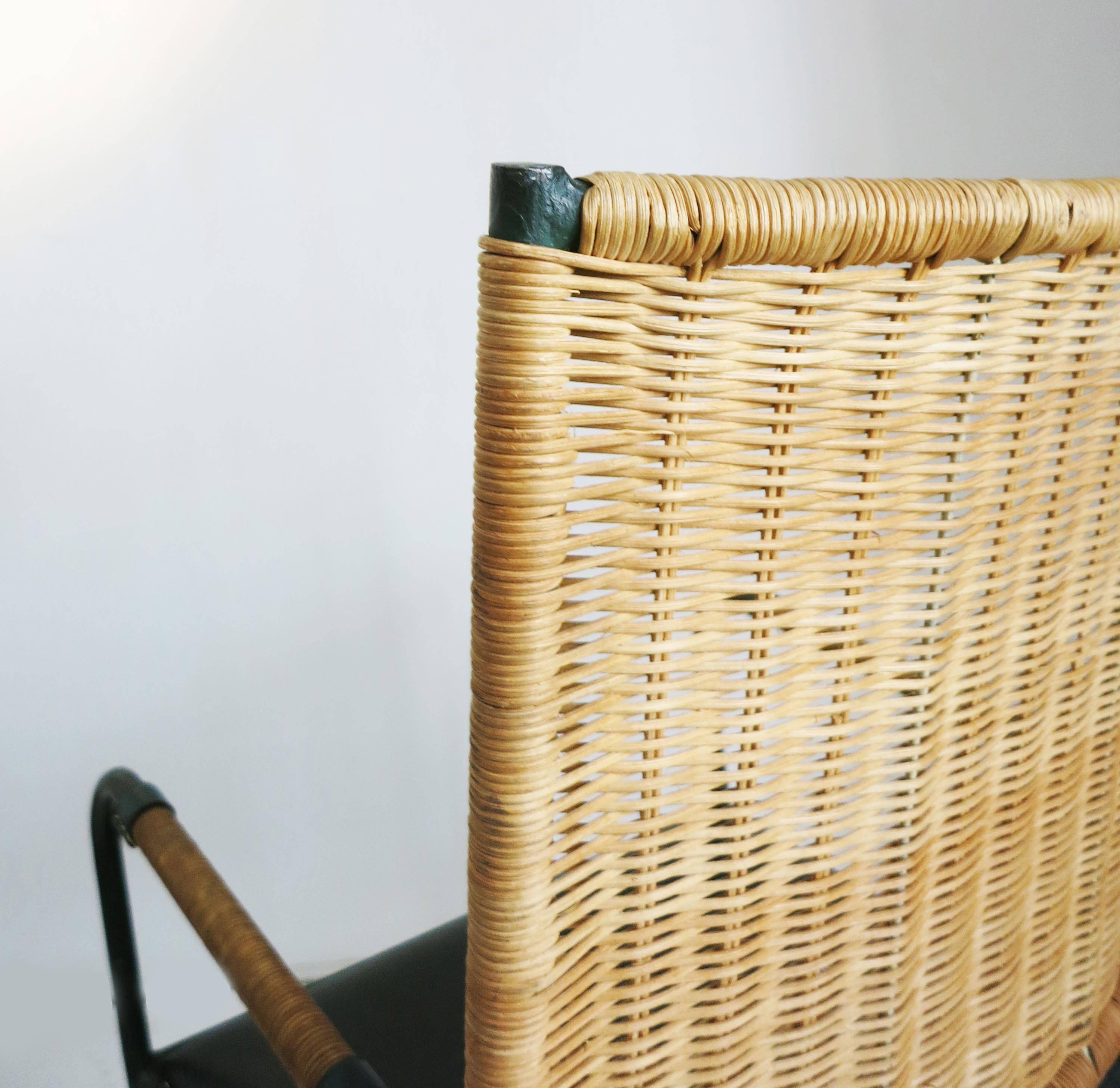 Pair of Jacques Adnet Chairs, Wicker, Leather and Iron, 1950s In Good Condition In Toulouse, FR