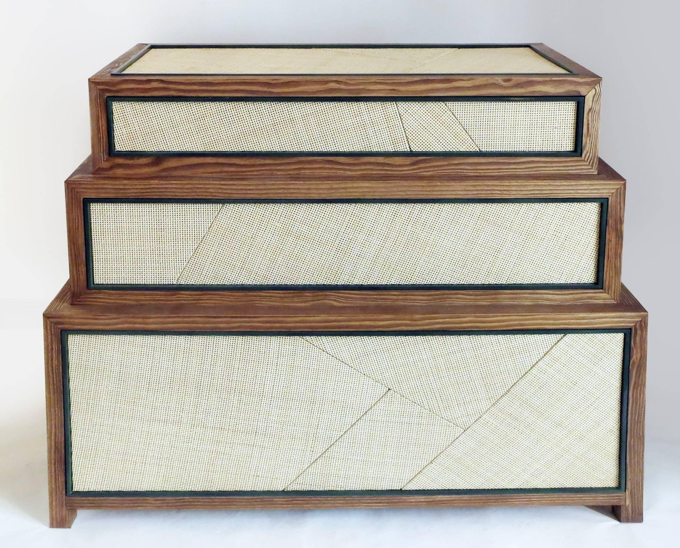 Modern Suduca & Merillou Chest of Drawers, Woven Cane and Brushed Pine Wood For Sale