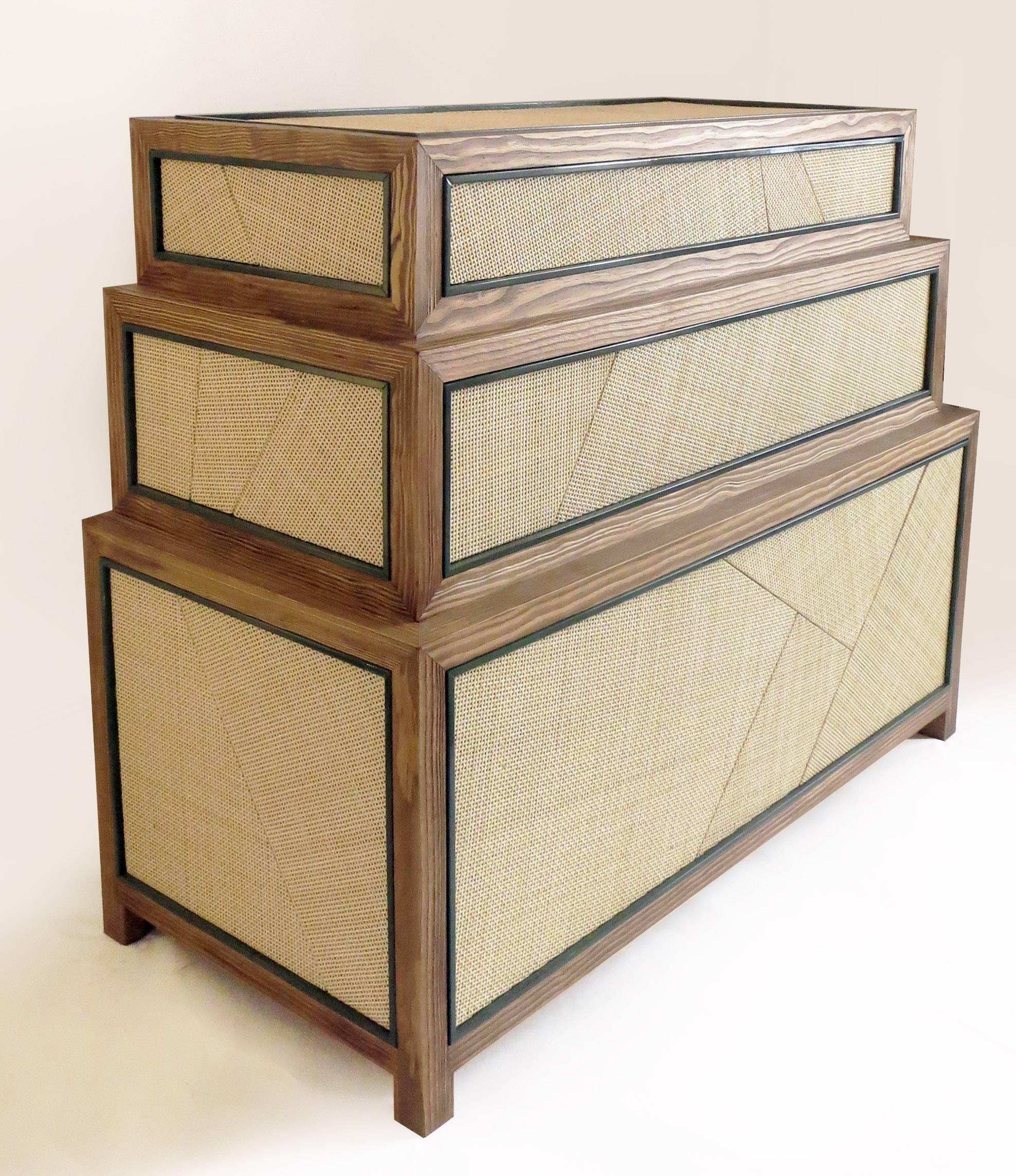 French Suduca & Merillou Chest of Drawers, Woven Cane and Brushed Pine Wood For Sale