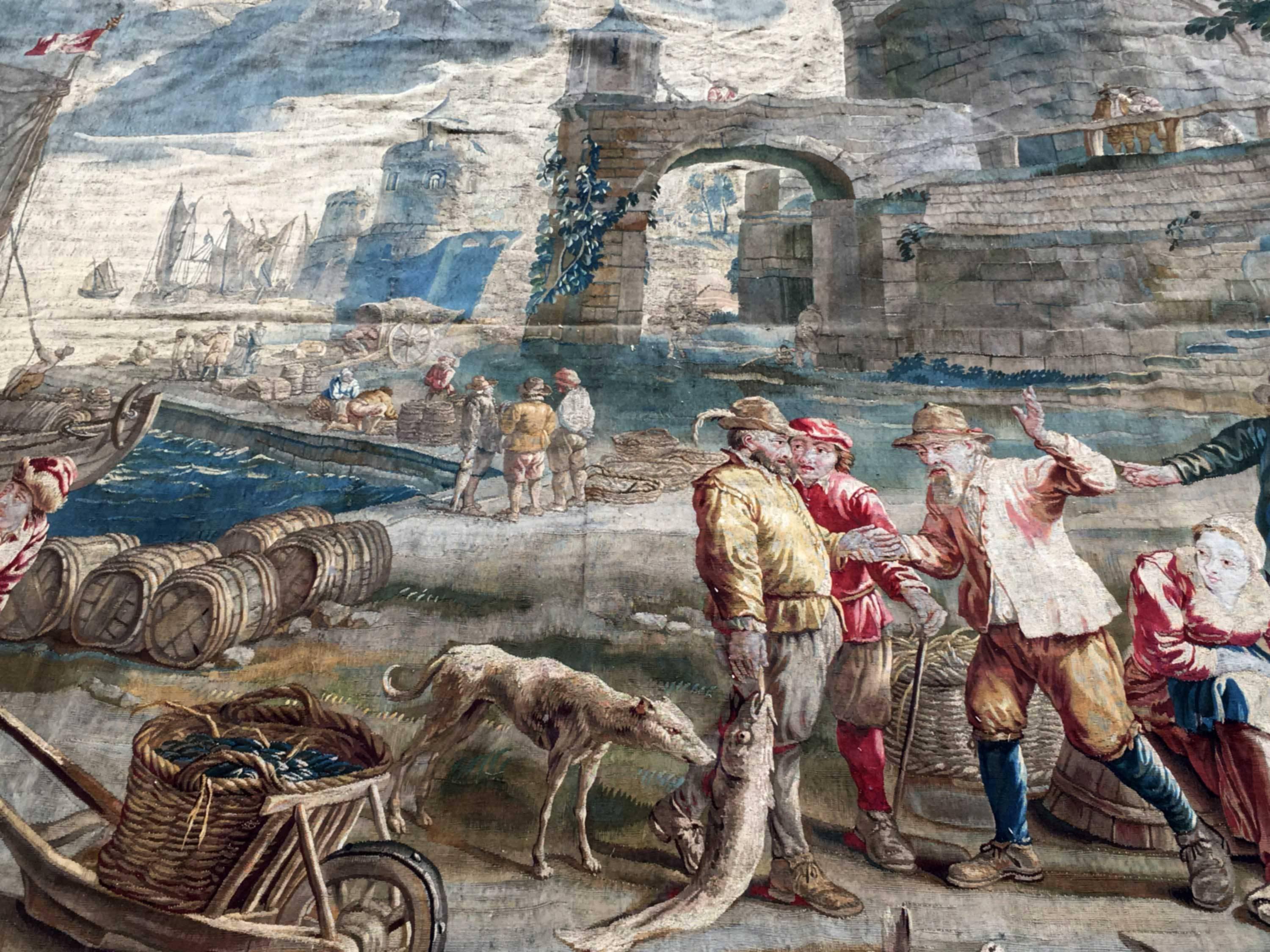 Belgian Brussels Tapestry, 18th Century, Unloading of Fish in the Port of Antwerp For Sale