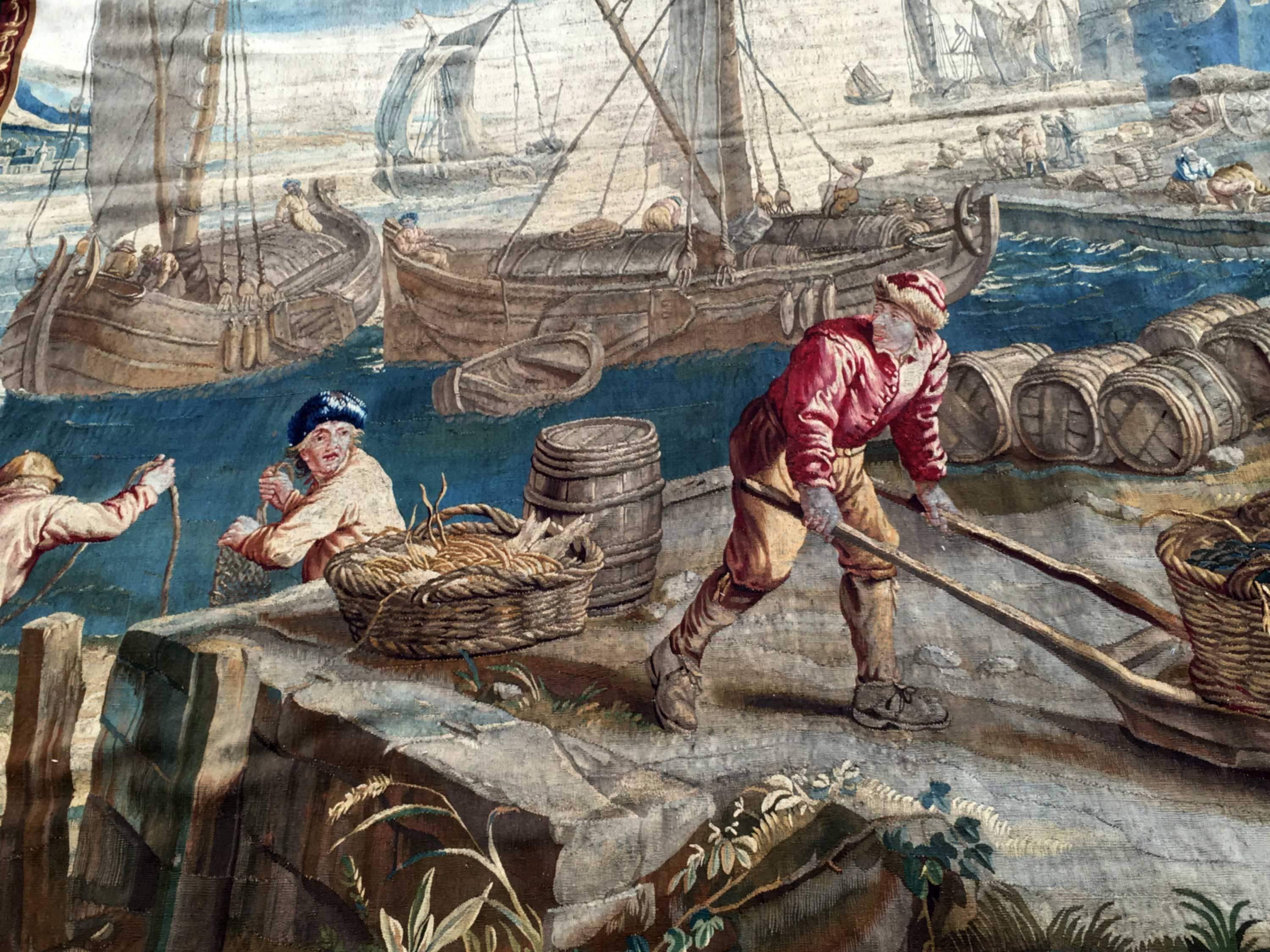 Hand-Knotted Brussels Tapestry, 18th Century, Unloading of Fish in the Port of Antwerp For Sale