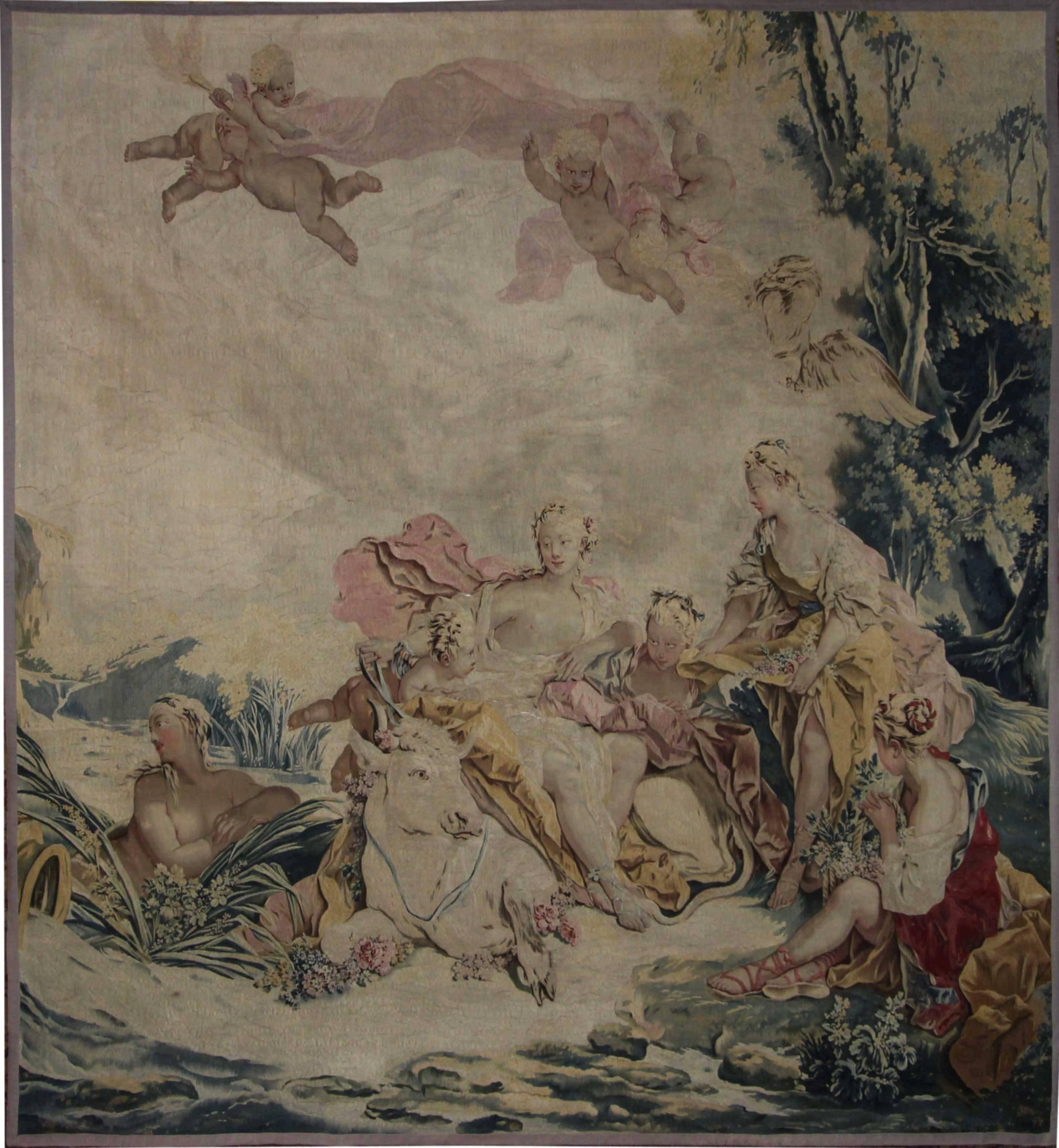 Very rare and beautiful panel of tapestry, woodwork, from the second half of the eighteenth century (from 1749-1772), of the Royal Manufactories of Beauvais, after the cartoons of François Boucher (1703-1770). This panel of tapestry belongs to a