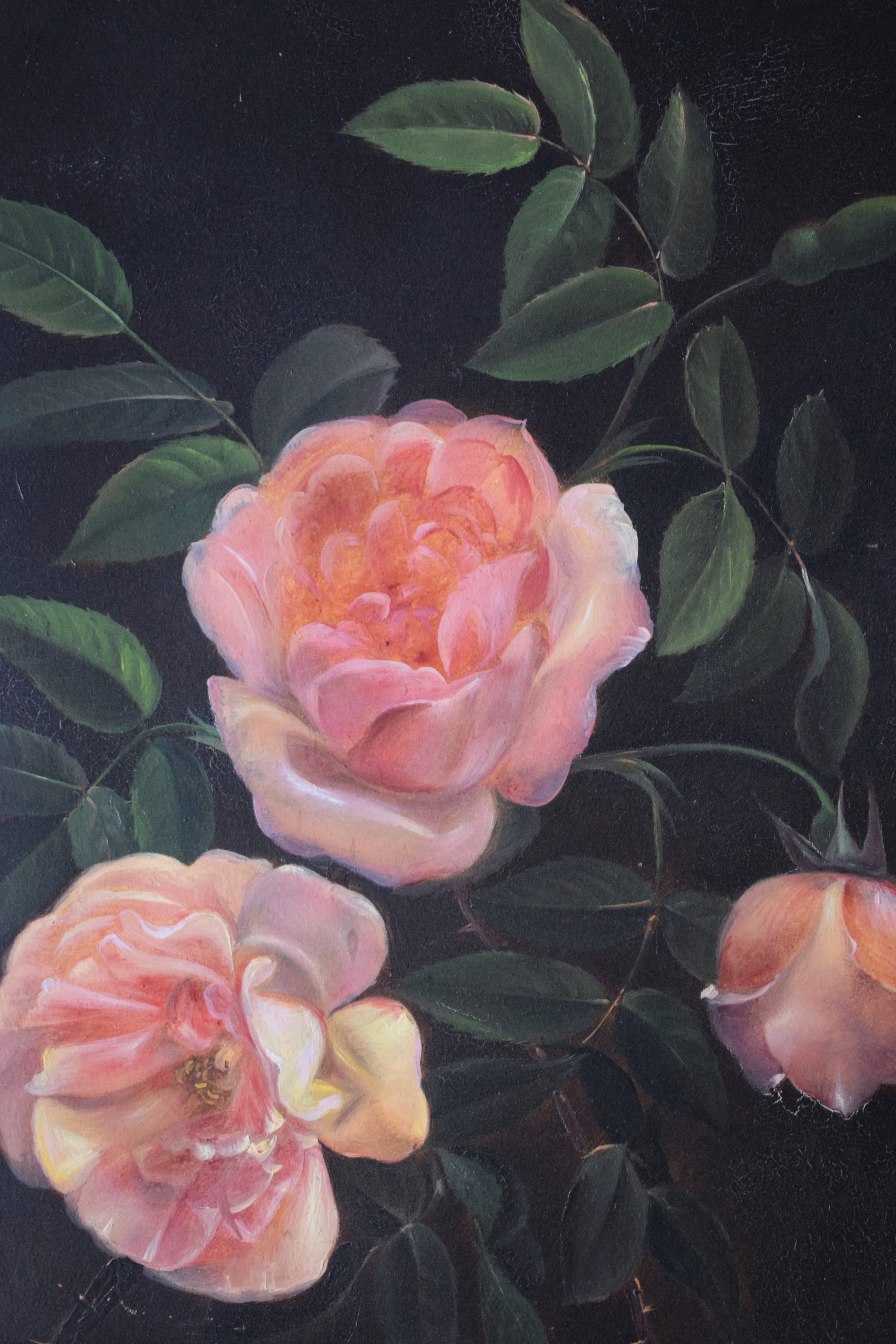 Painting of pink roses from circa 1850s by unknown painter, oil on mahogany plate, beautiful giltwood frame.
Dimensions: D x W x H / 1.6 in x 12.6 in x 14.7 in / 4 cm x 32 cm x 37 cm.