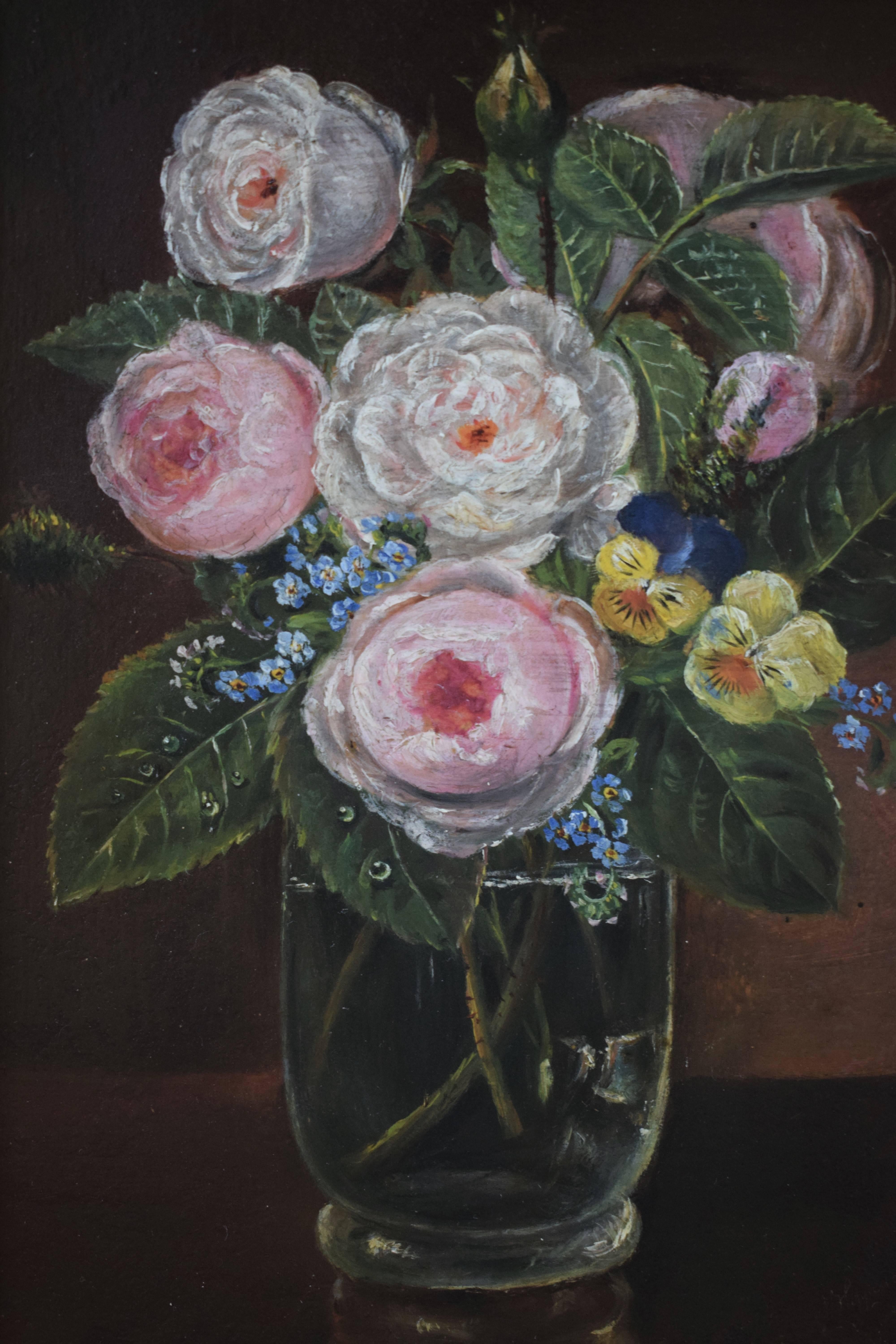 Painting of pink roses in vase by unknown painter, oil on canvas, giltwood frame.
Dimensions: D x W x H / 2.2 in x 10.8 in x 13 in / 5.5 cm x 27.5 cm x 33 cm.
 