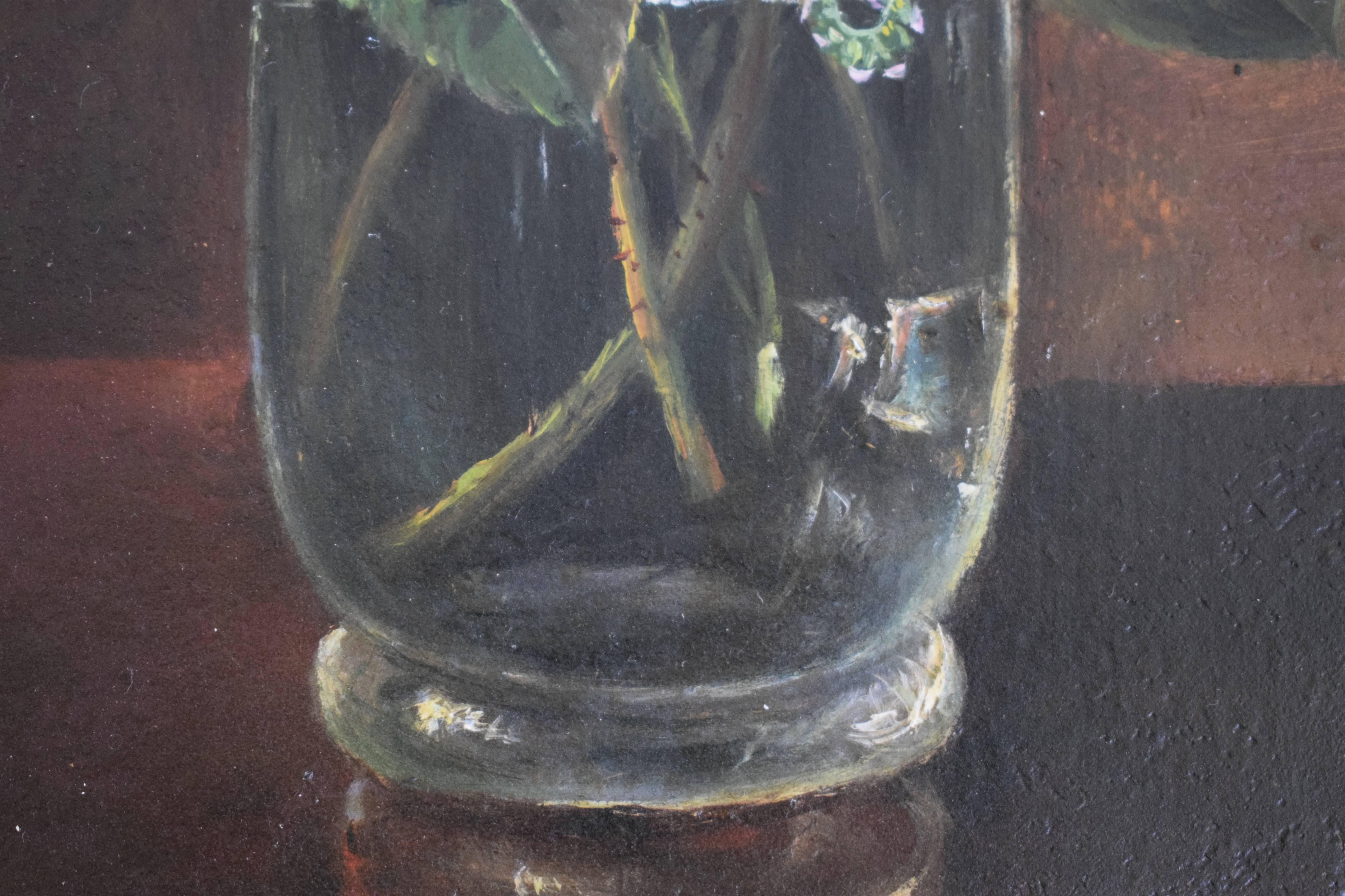 Painted Still Life of Pink Roses in Vase, Mid-19th Century For Sale