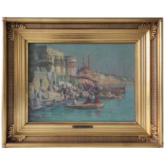 Oil Painting by Hugo V. Pedersen, Riverside Scene at Ganges, Early 20th Century