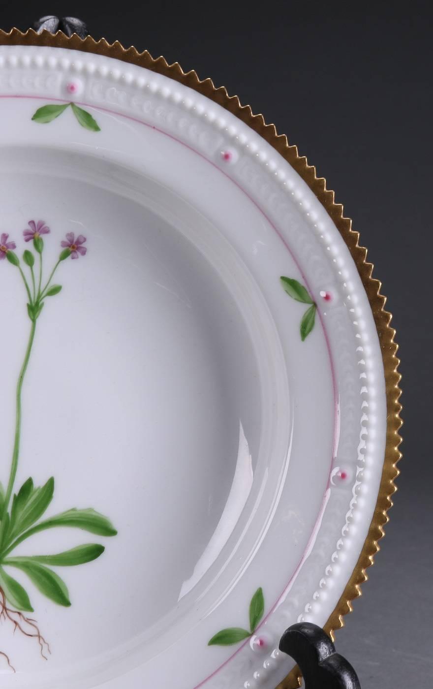 Royal Copenhagen, deep plate, decorated with flowers, Primula stricta horn, hand-painted. Manufactured in Denmark for a short period between 1889-1922.
Decoration number 735 which is a simplified version of the exclusive Flora Danica dinner